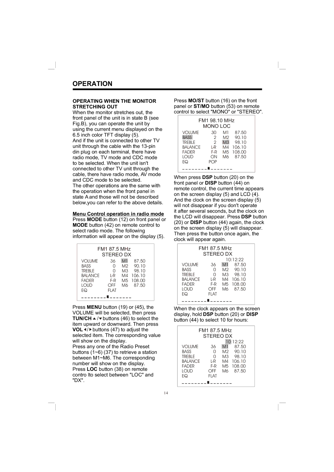 PYLE Audio PLTV65R owner manual Operating When the Monitor Stretching OUT, Menu Control operation in radio mode 