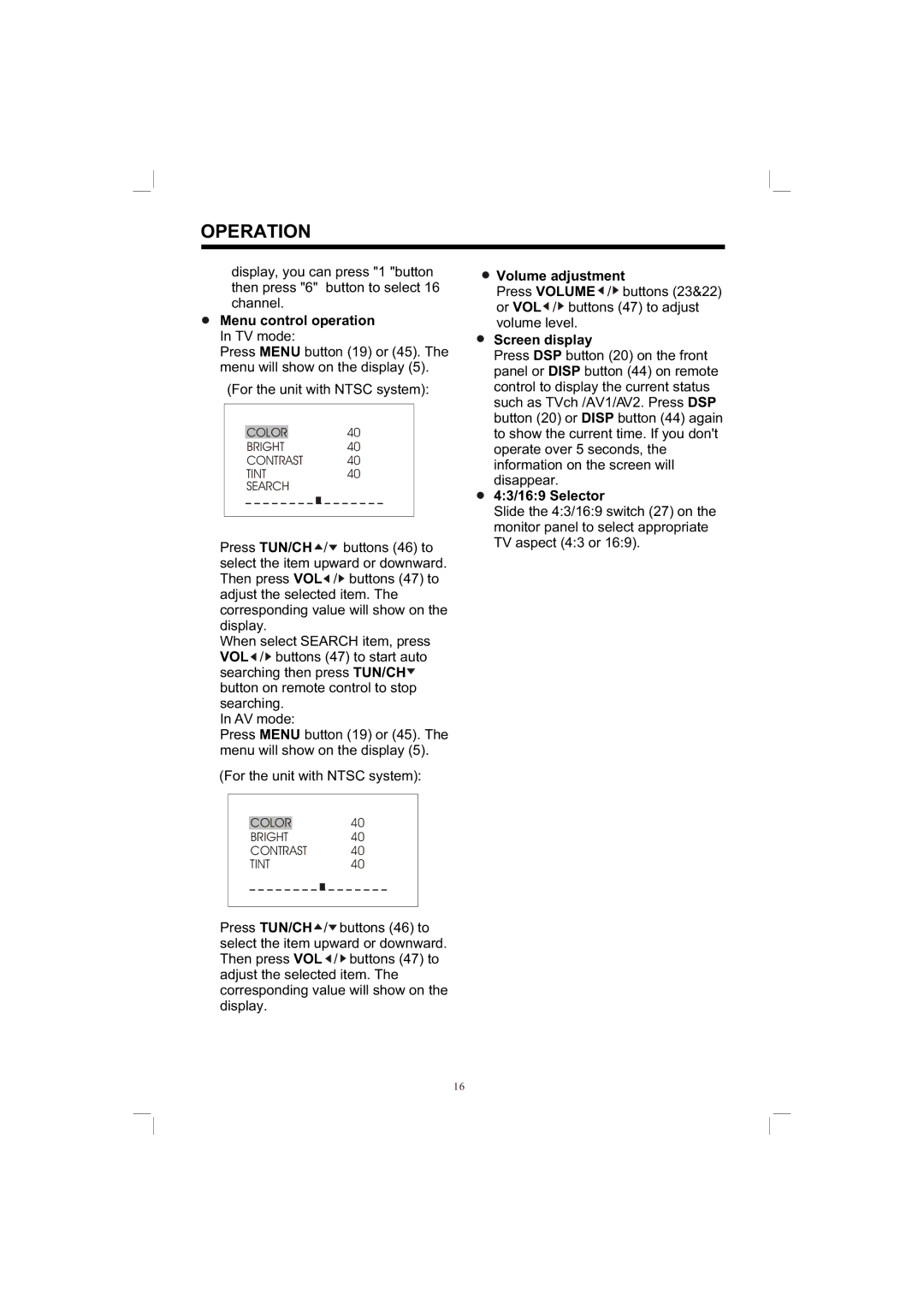 PYLE Audio PLTV65R owner manual Menu control operation, Volume adjustment, Screen display, 43/169 Selector 