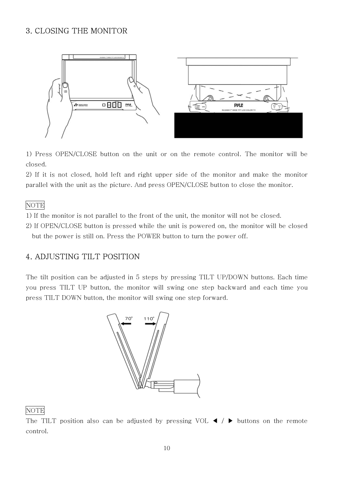 PYLE Audio PLTV7.5DIN manual Closing the Monitor, Adjusting Tilt Position 