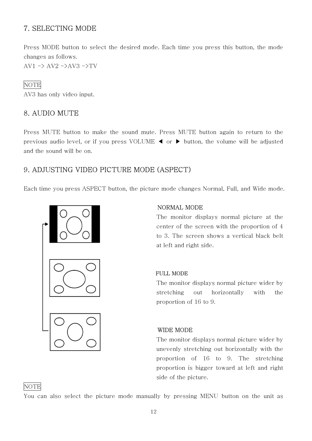 PYLE Audio PLTV7.5DIN manual Selecting Mode, Audio Mute, Adjusting Video Picture Mode Aspect, Normal Mode, Wide Mode 