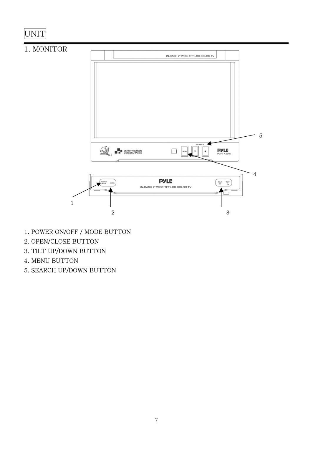 PYLE Audio PLTV7.5DIN manual Unit, Monitor 