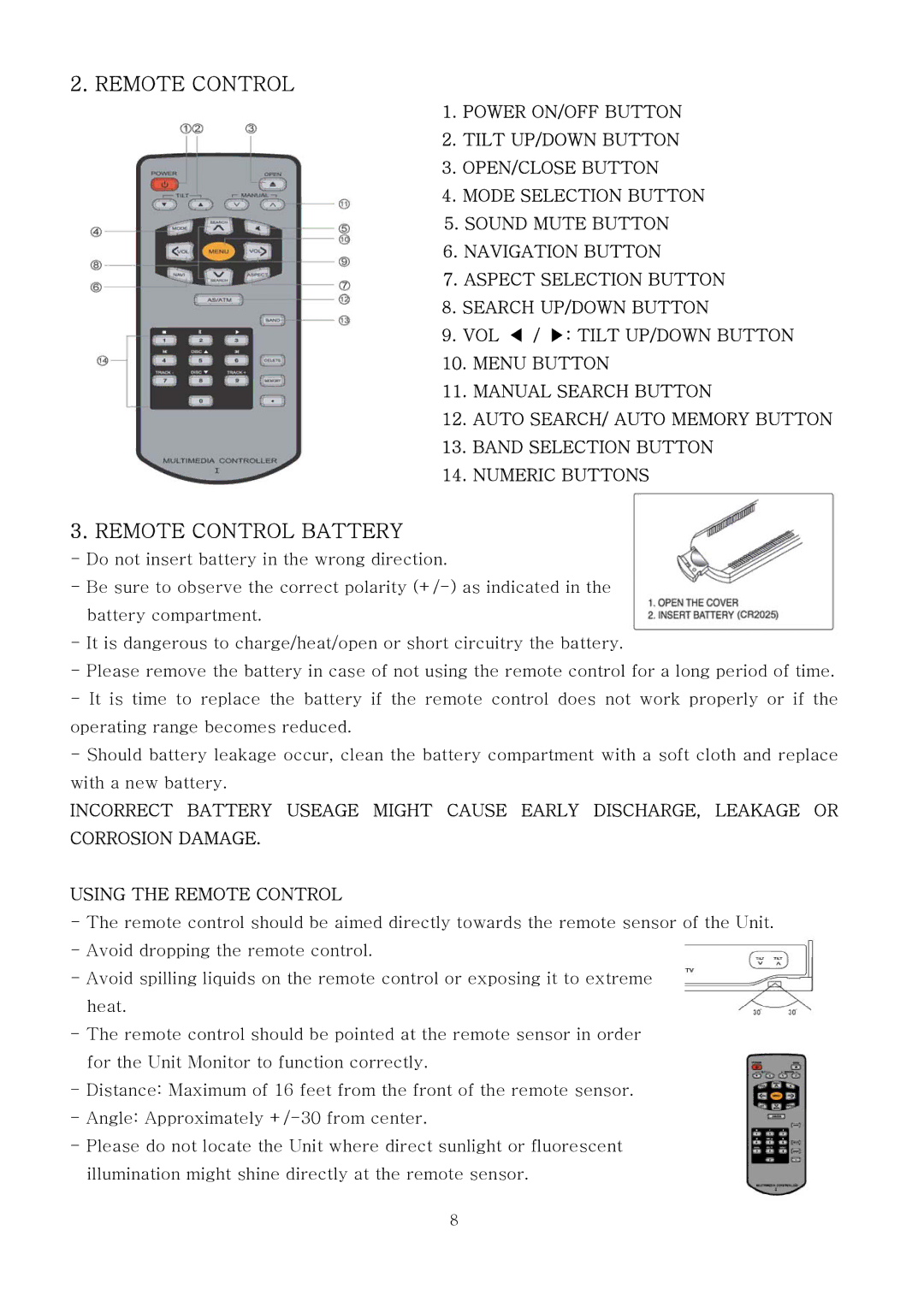 PYLE Audio PLTV7.5DIN manual Remote Control Battery 