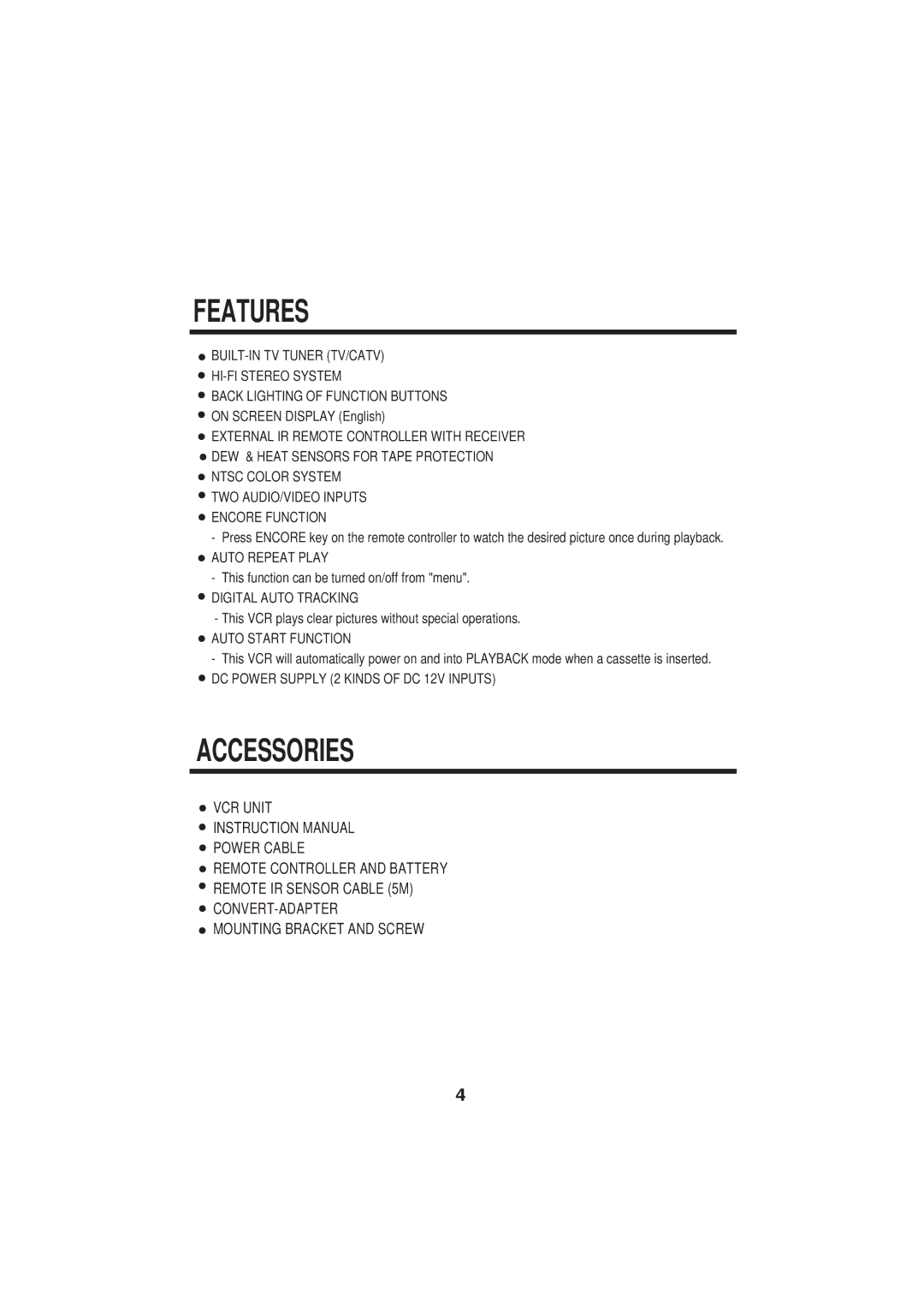 PYLE Audio PLTVCP85 manual Features, Accessories 