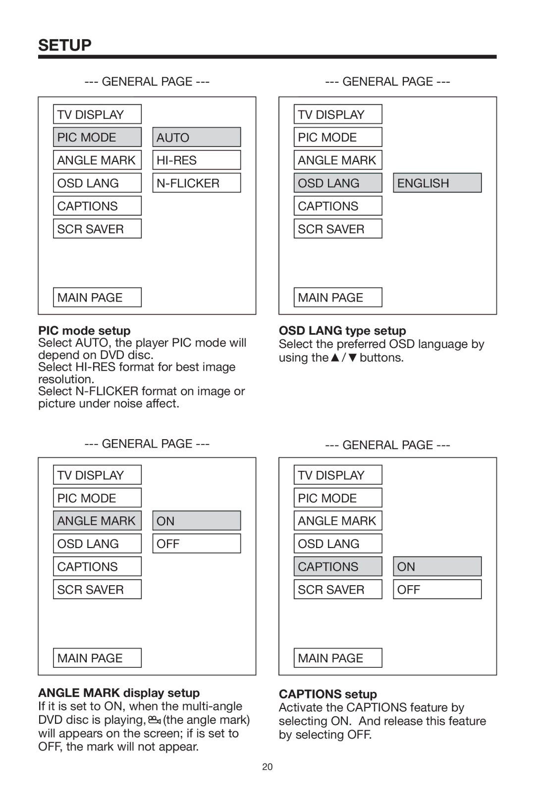 PYLE Audio PLTVD5P owner manual PIC mode setup, OSD Lang type setup, Angle Mark display setup, Captions setup 