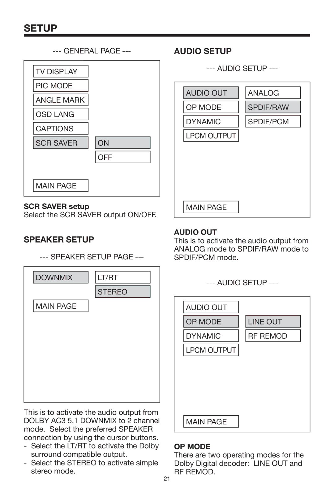 PYLE Audio PLTVD5P owner manual Audio Setup, Speaker Setup, SCR Saver setup, Audio OUT, OP Mode 