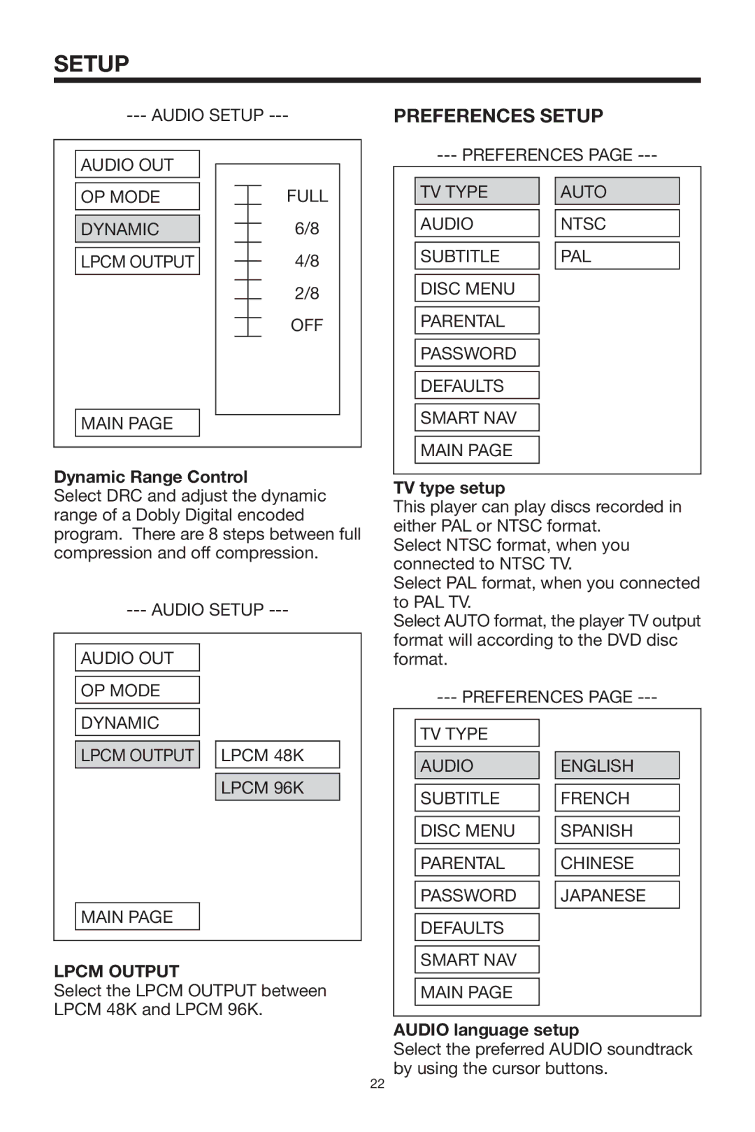 PYLE Audio PLTVD5P owner manual Preferences Setup, Dynamic Range Control, Lpcm Output, TV type setup, Audio language setup 