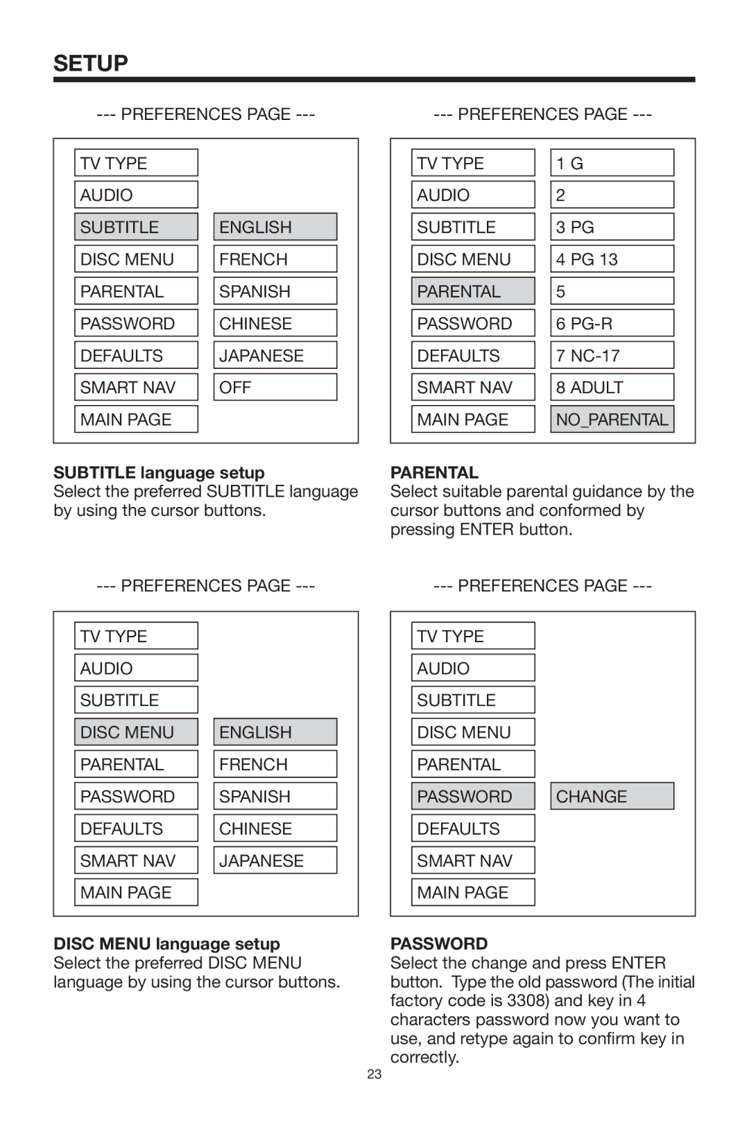 PYLE Audio PLTVD5P Subtitle language setup, TV Type Audio Subtitle Disc Menu Parental Password, Smart NAV Adult Main 