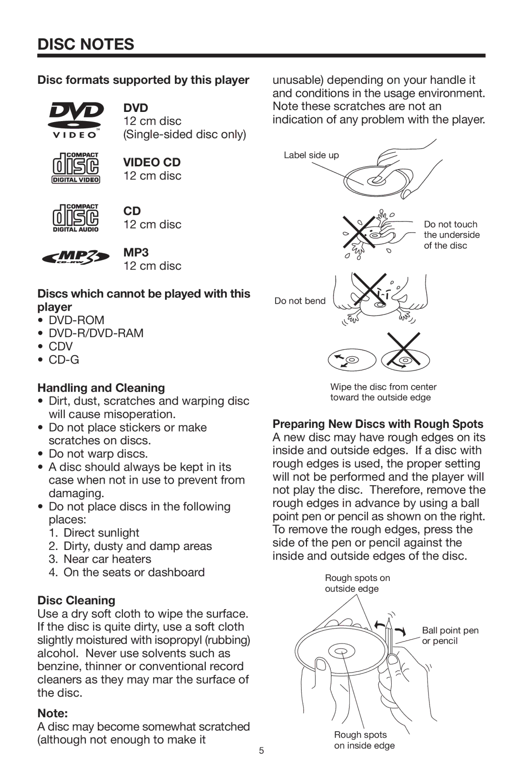 PYLE Audio PLTVD5P owner manual Disc Notes, Dvd, MP3 