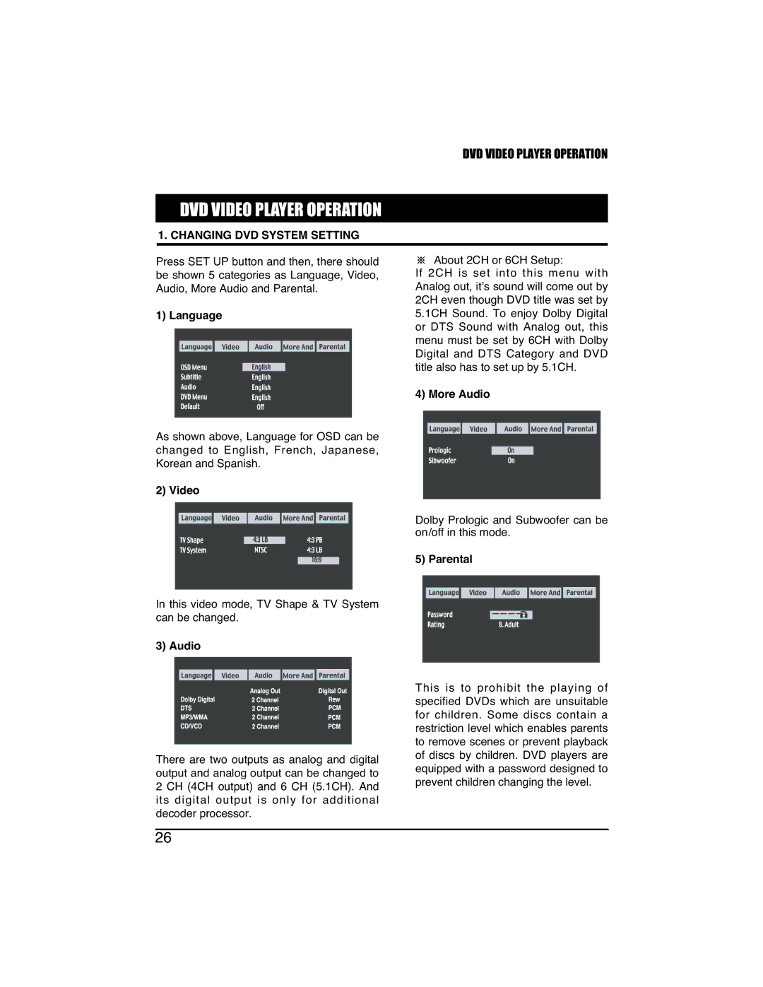 PYLE Audio PLTVD7IN manual DVD Video Player Operation, Changing DVD System Setting 