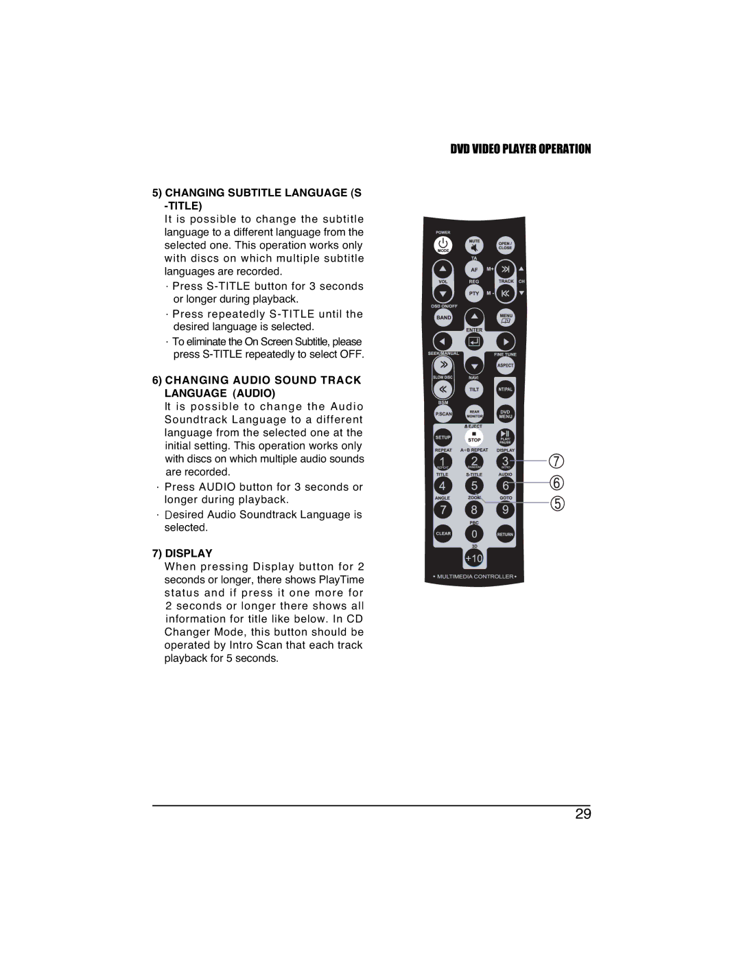 PYLE Audio PLTVD7IN manual Changing Subtitle Language S -TITLE, Changing Audio Sound Track Language Audio, Display 