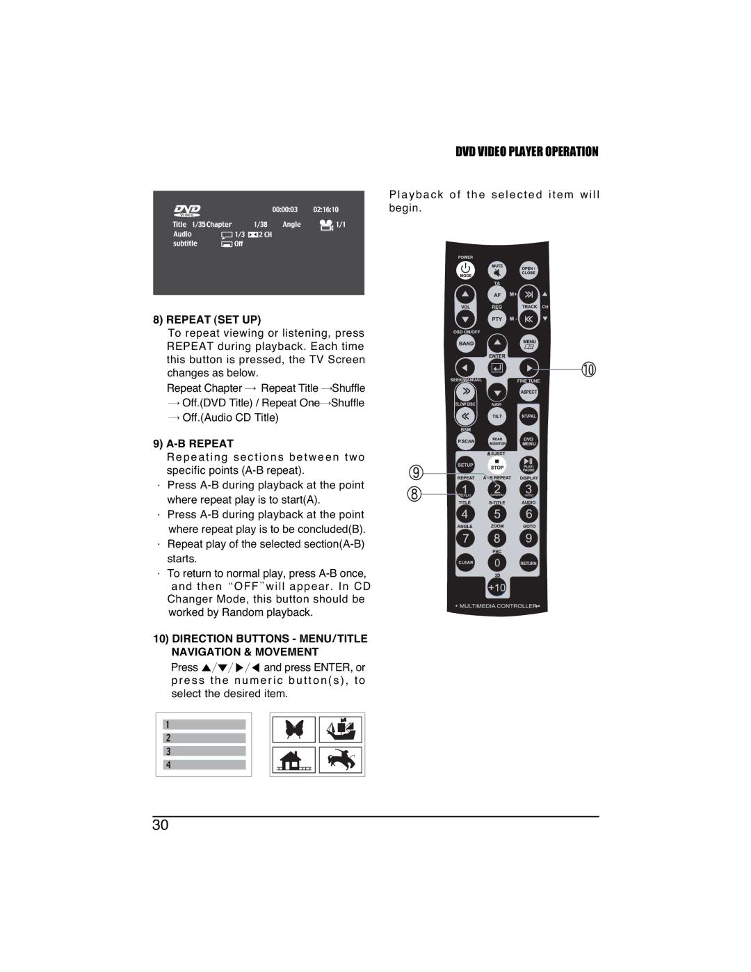 PYLE Audio PLTVD7IN manual Repeat SET UP, B Repeat, Direction Buttons MENU/TITLE Navigation & Movement 