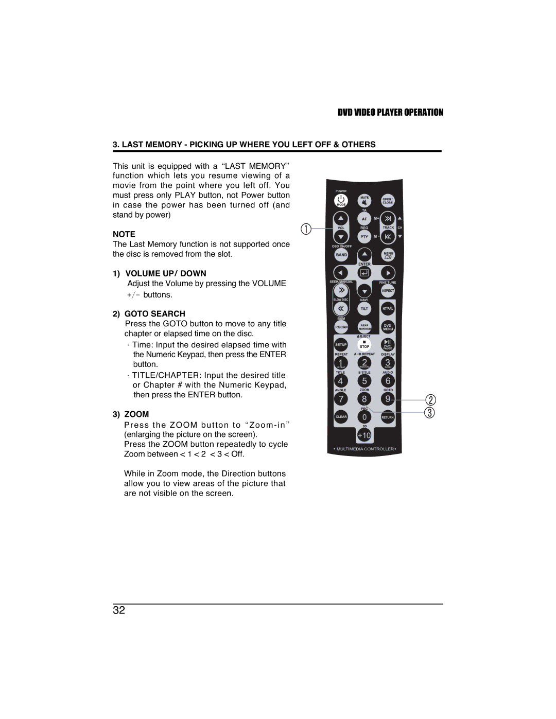 PYLE Audio PLTVD7IN manual Last Memory Picking UP Where YOU Left OFF & Others, Volume UP/ Down, Goto Search, Zoom 