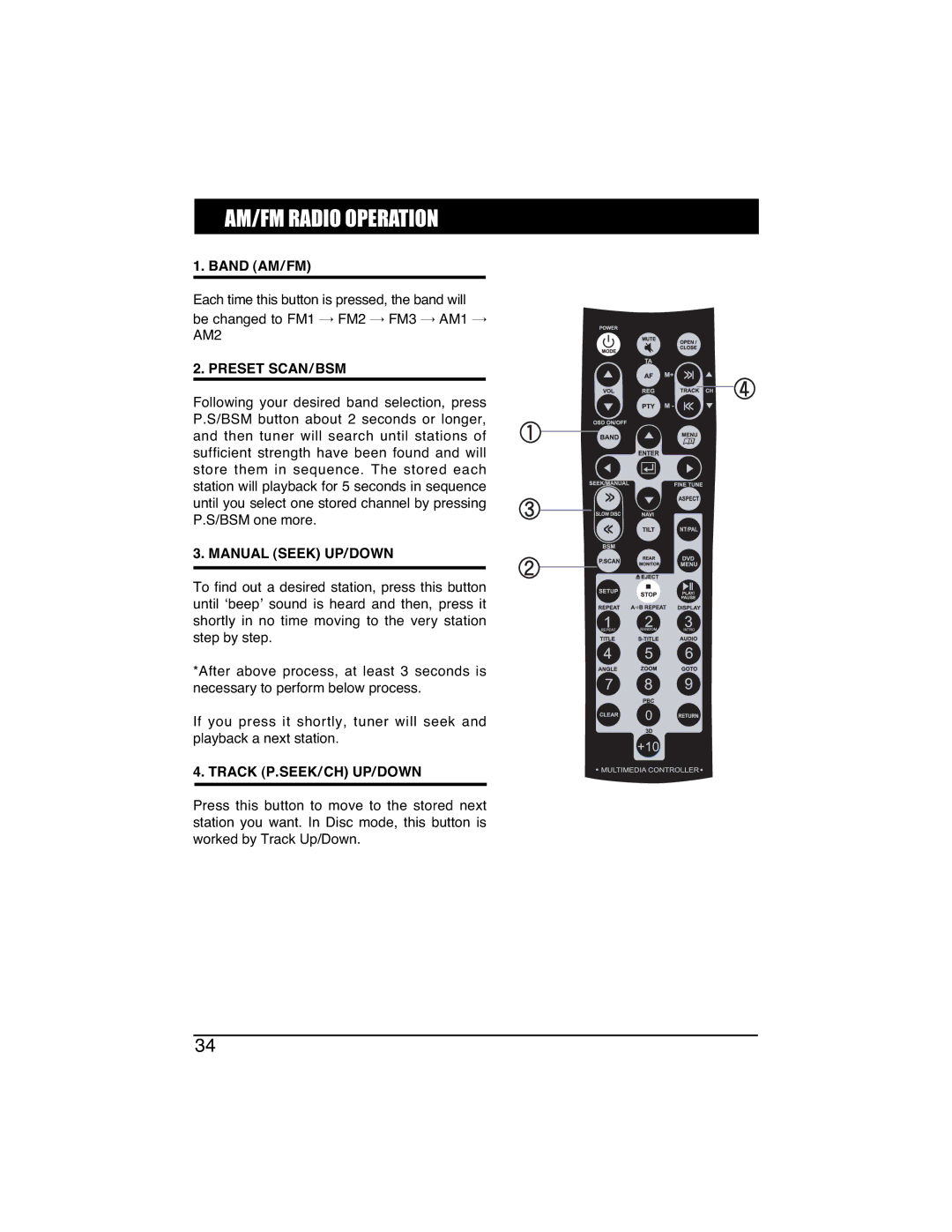 PYLE Audio PLTVD7IN manual AM/FM Radio Operation, Band AM/FM, Preset SCAN/BSM, Manual Seek UP/DOWN, Track P.SEEK/CH UP/DOWN 