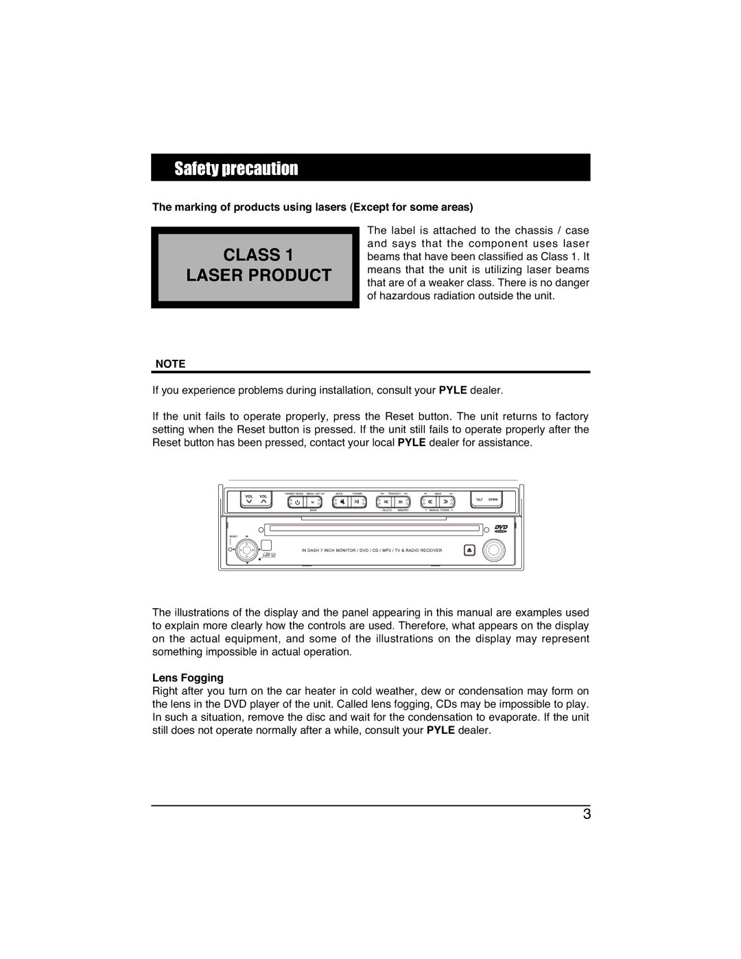 PYLE Audio PLTVD7IN manual Marking of products using lasers Except for some areas, Lens Fogging 