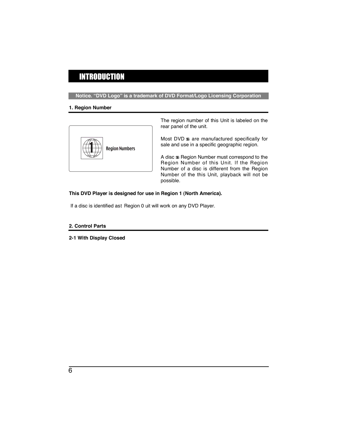 PYLE Audio PLTVD7IN manual Introduction, Region Number, Control Parts With Display Closed 