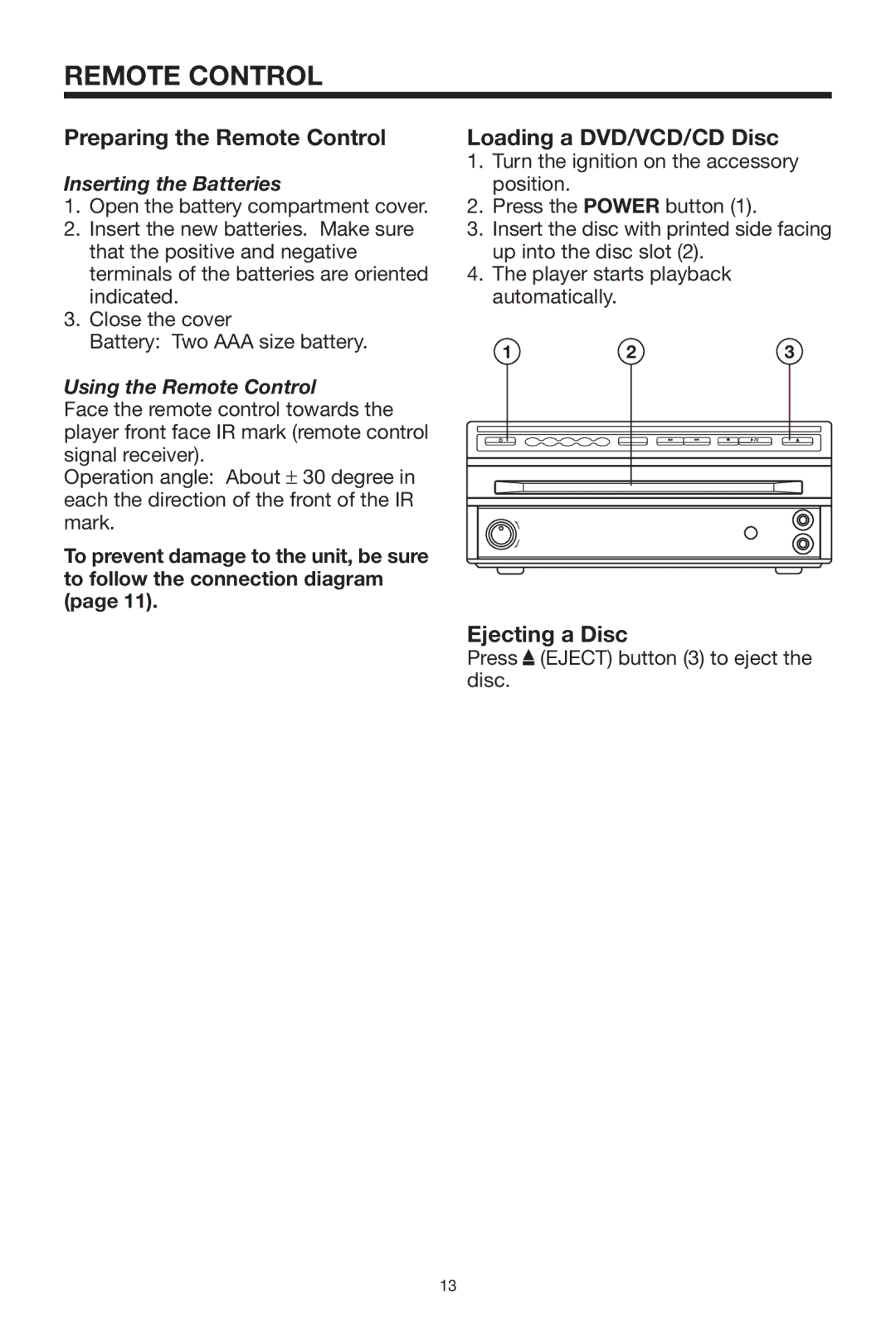 PYLE Audio PLTVD7P owner manual Preparing the Remote Control, Loading a DVD/VCD/CD Disc, Ejecting a Disc 