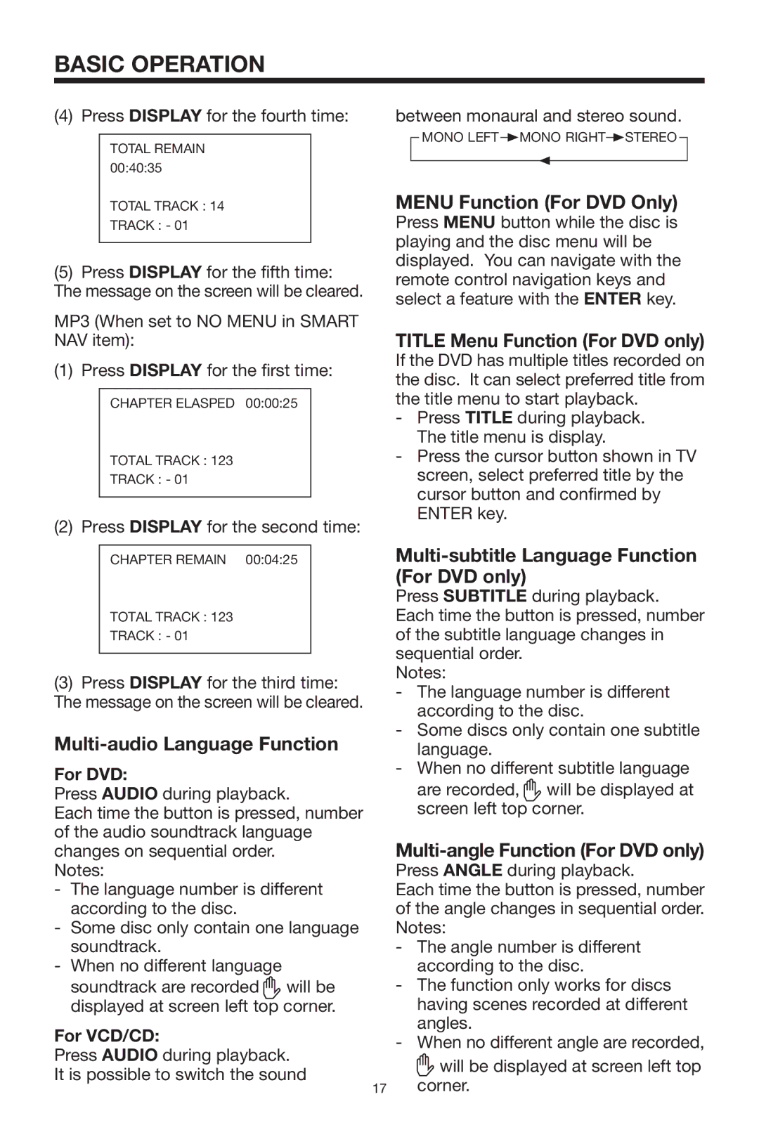 PYLE Audio PLTVD7P owner manual Multi-audio Language Function, Menu Function For DVD Only, Title Menu Function For DVD only 