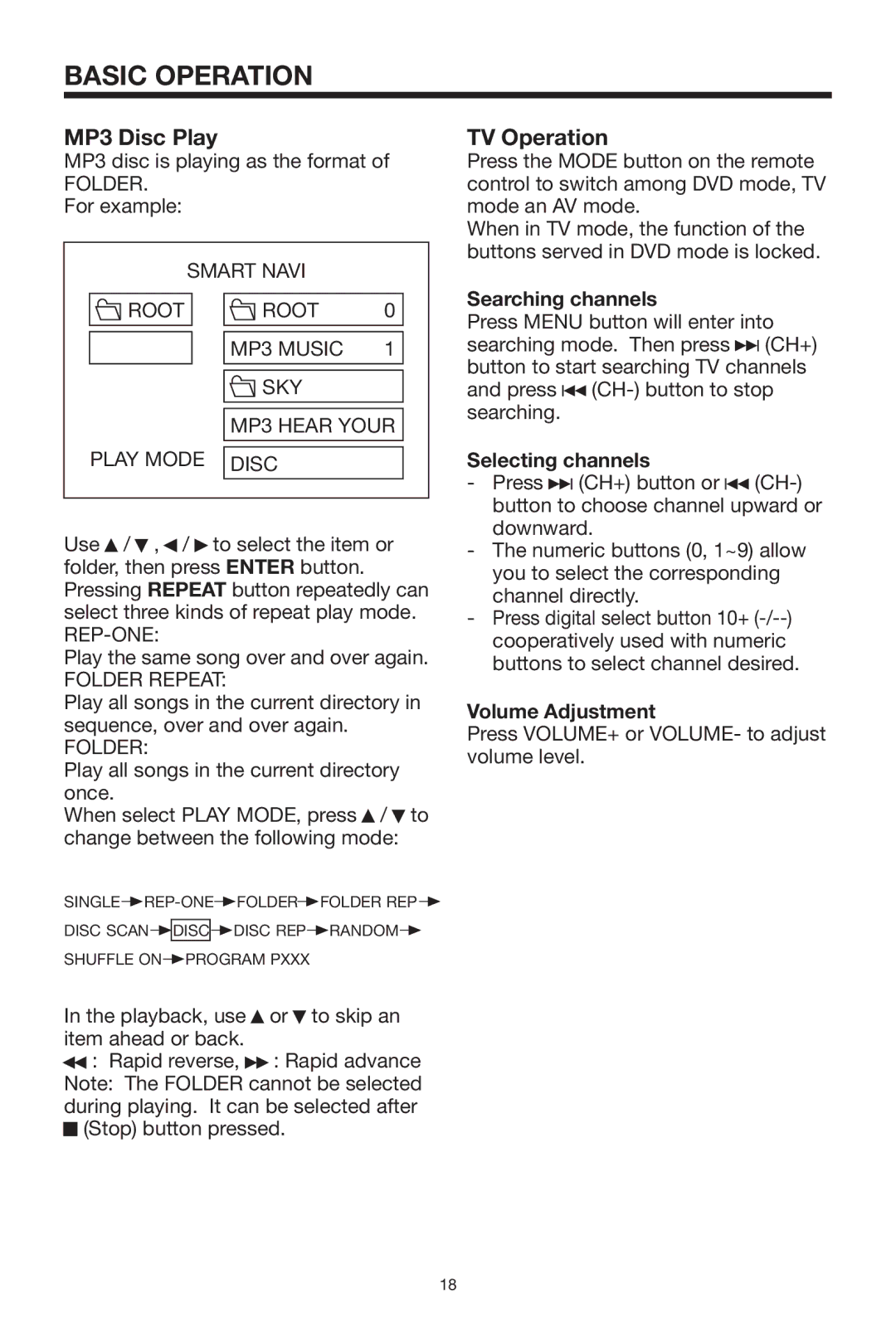 PYLE Audio PLTVD7P owner manual MP3 Disc Play, TV Operation, Searching channels, Selecting channels, Volume Adjustment 