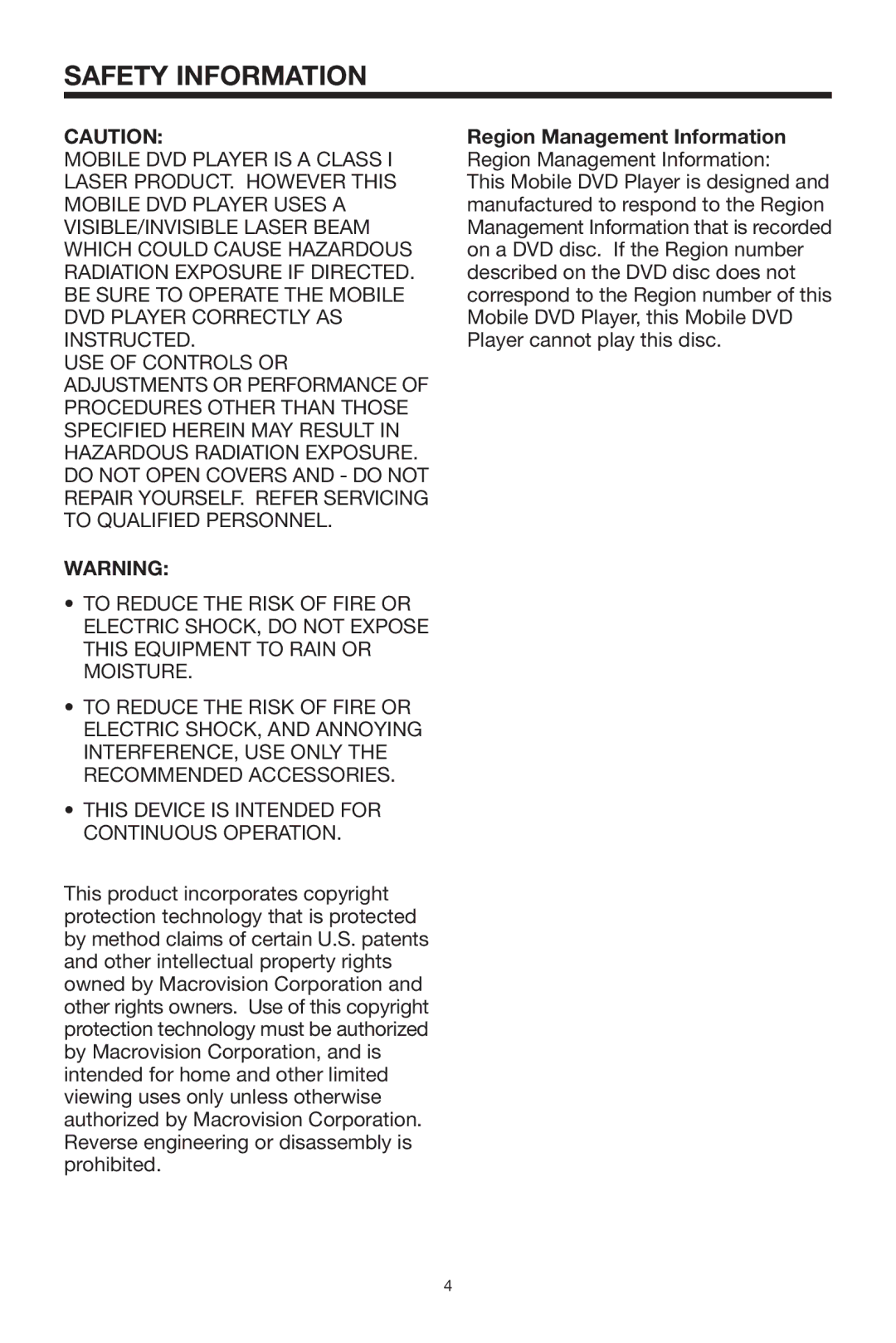 PYLE Audio PLTVD7P owner manual Safety Information, Region Management Information Region Management Information 