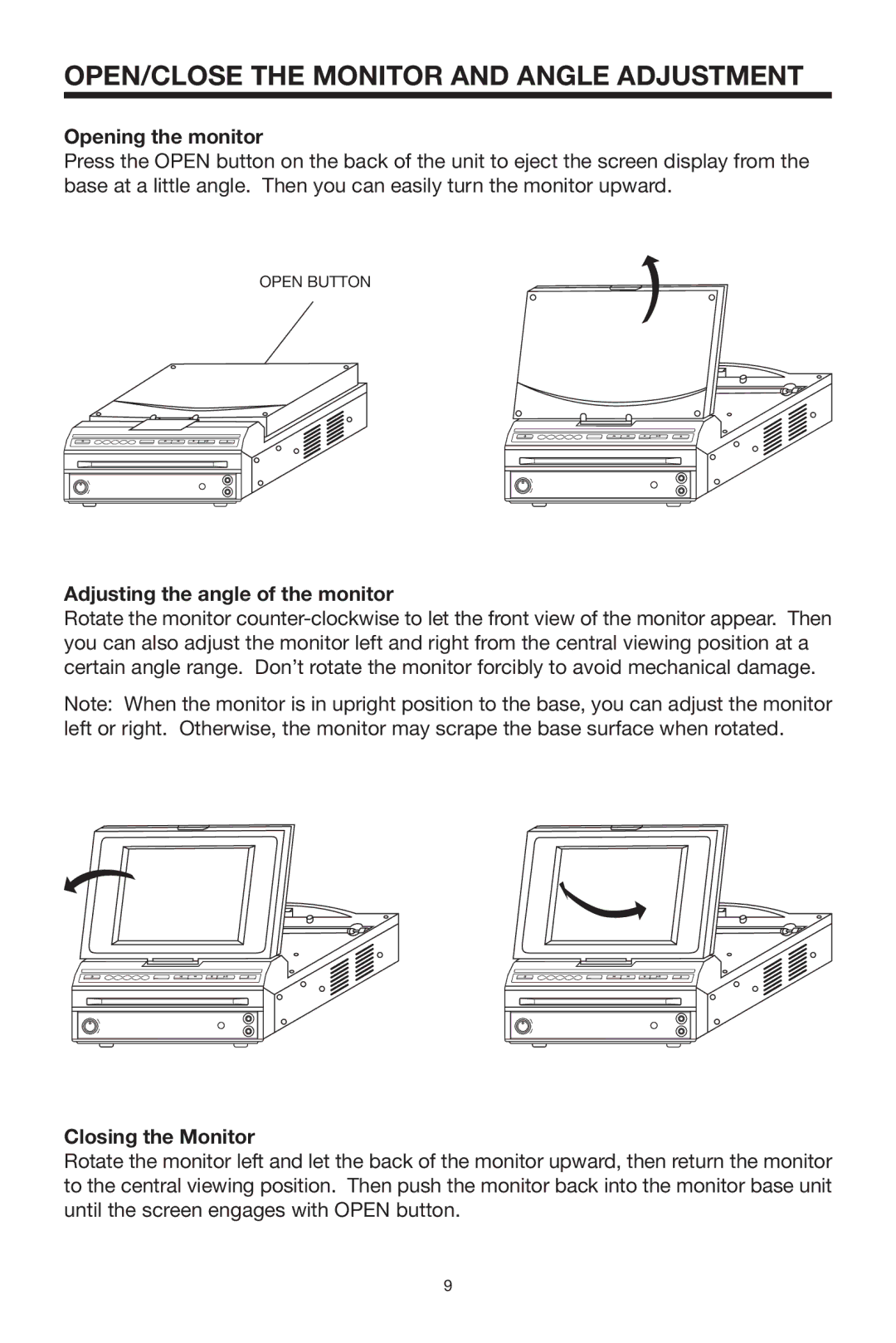 PYLE Audio PLTVD7P OPEN/CLOSE the Monitor and Angle Adjustment, Opening the monitor, Adjusting the angle of the monitor 