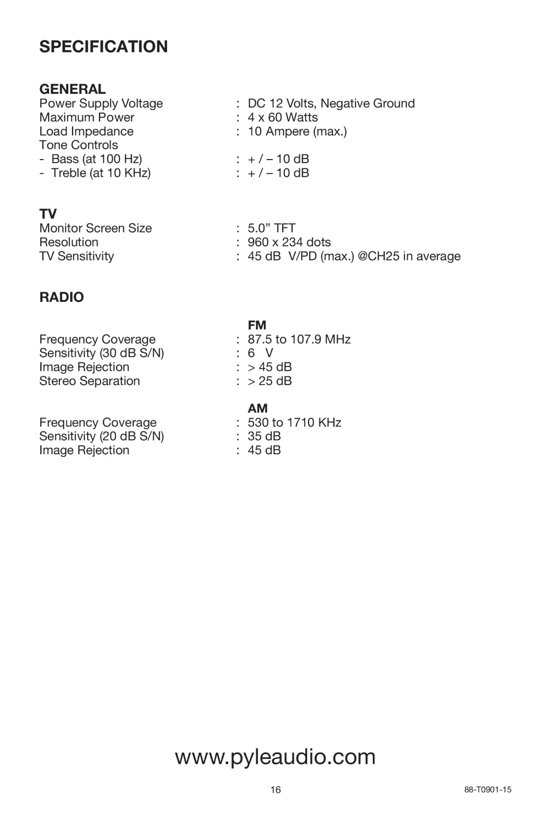 PYLE Audio PLTVR5 owner manual Specification, General, Radio 