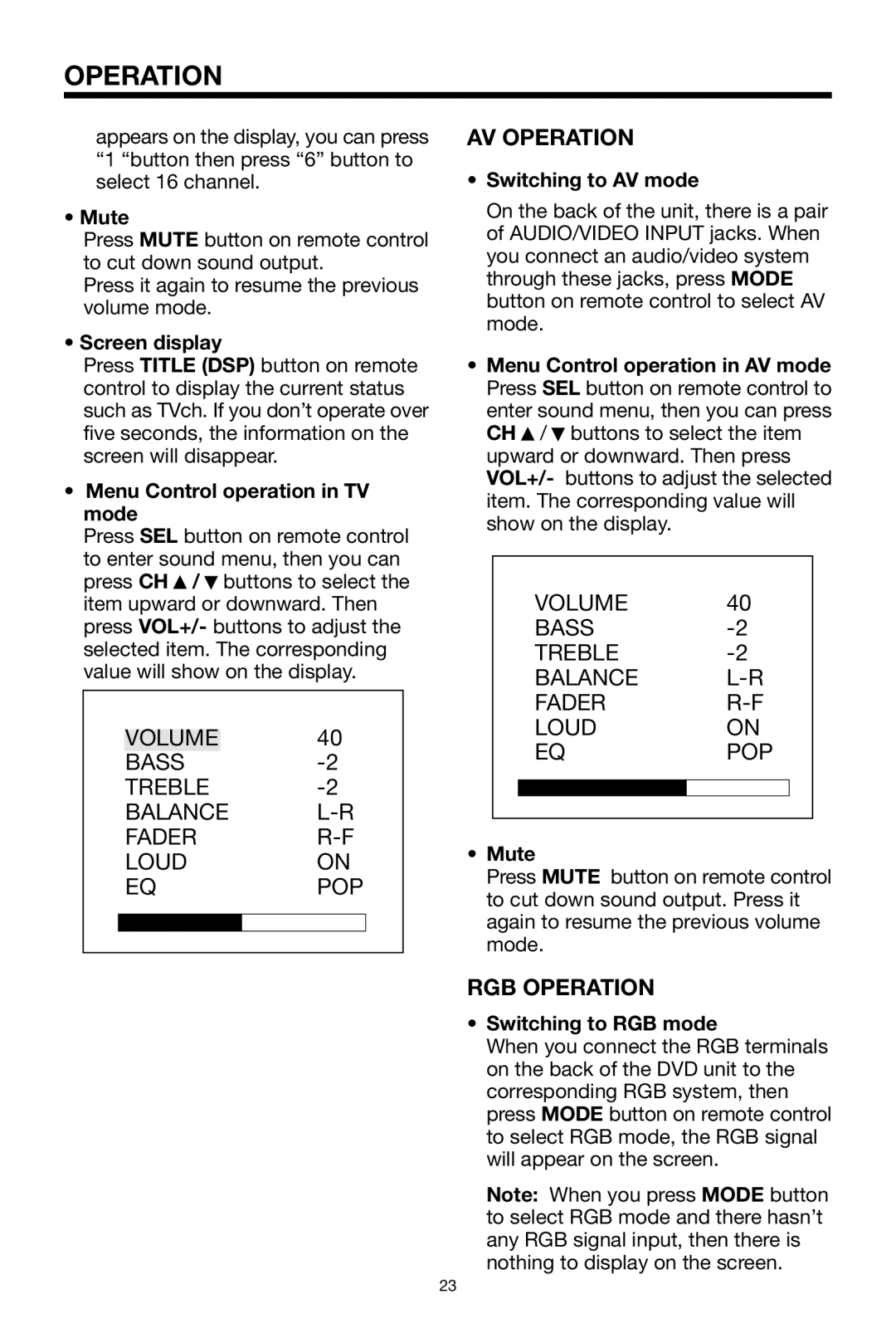 PYLE Audio PLTVRDIN65 owner manual AV Operation, RGB Operation 