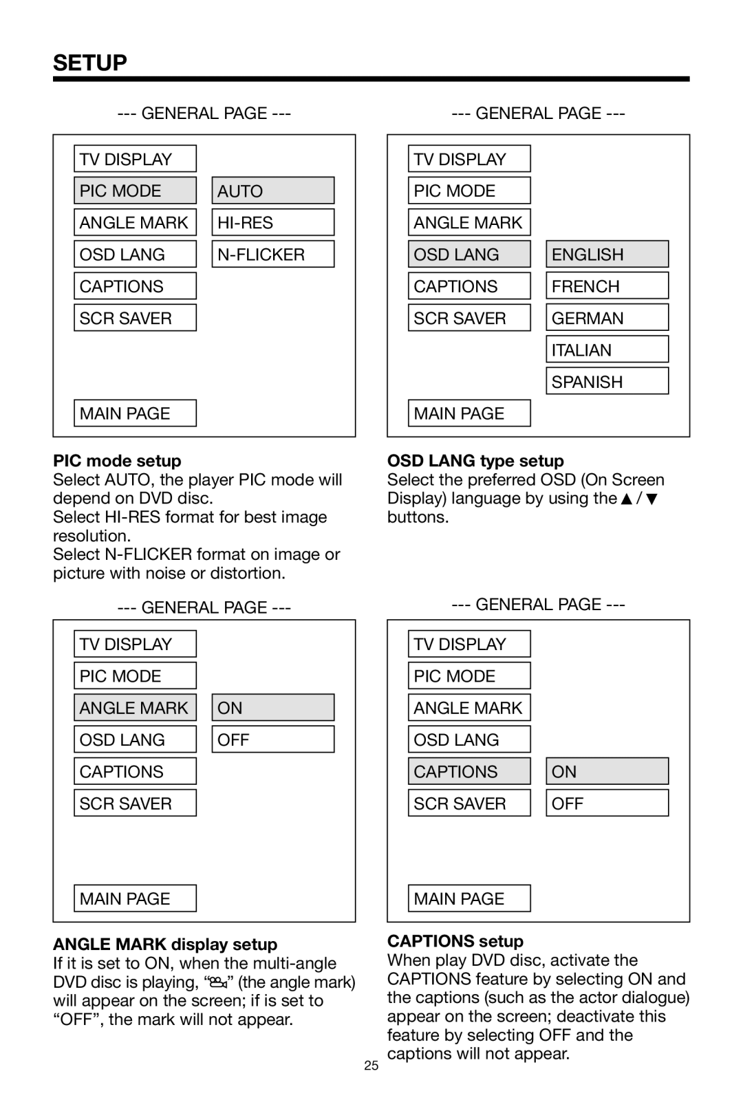 PYLE Audio PLTVRDIN65 owner manual PIC mode setup, Angle Mark display setup, OSD Lang type setup, Captions setup 