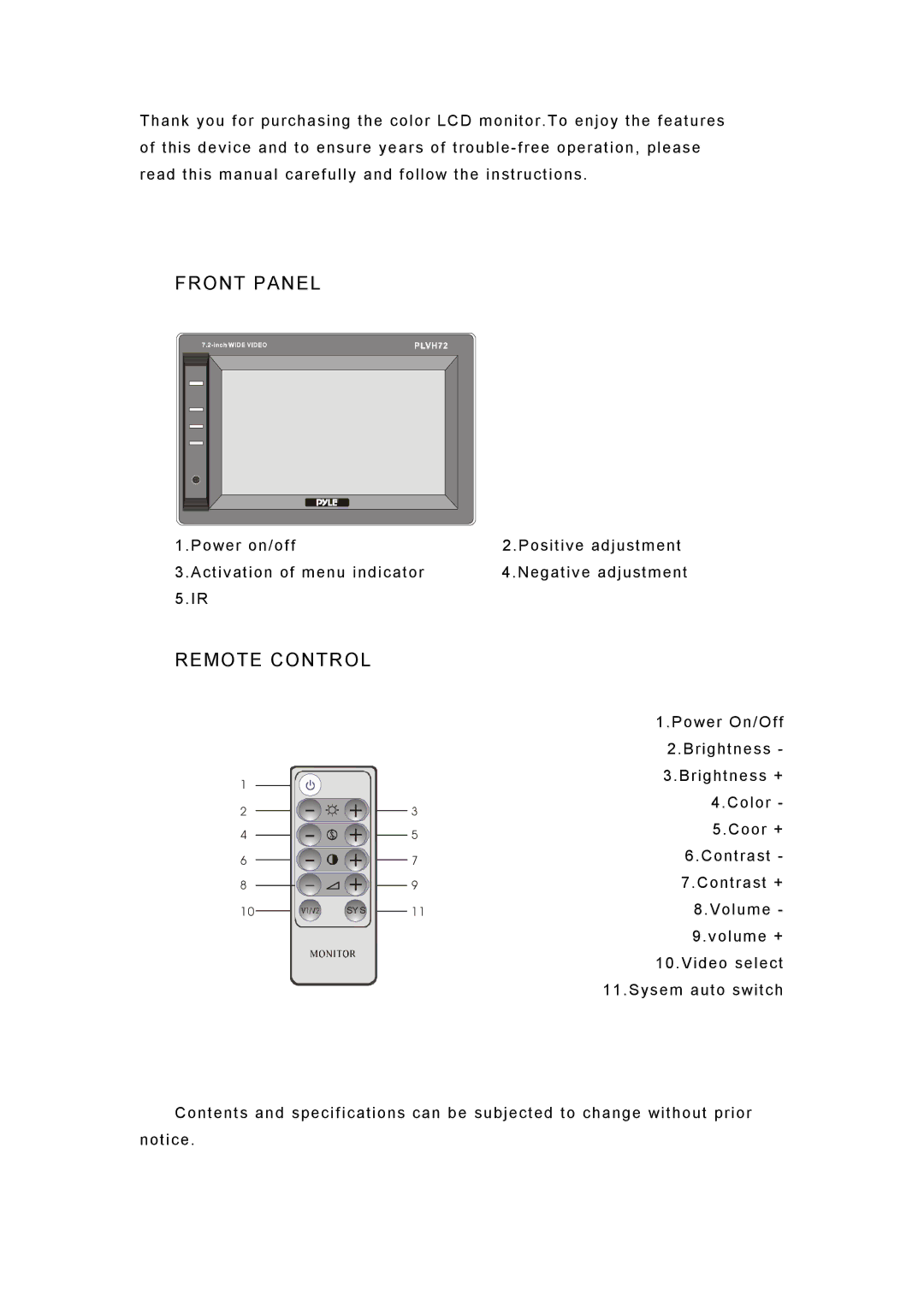 PYLE Audio PLVH72 instruction manual Front Panel, Remote Control 