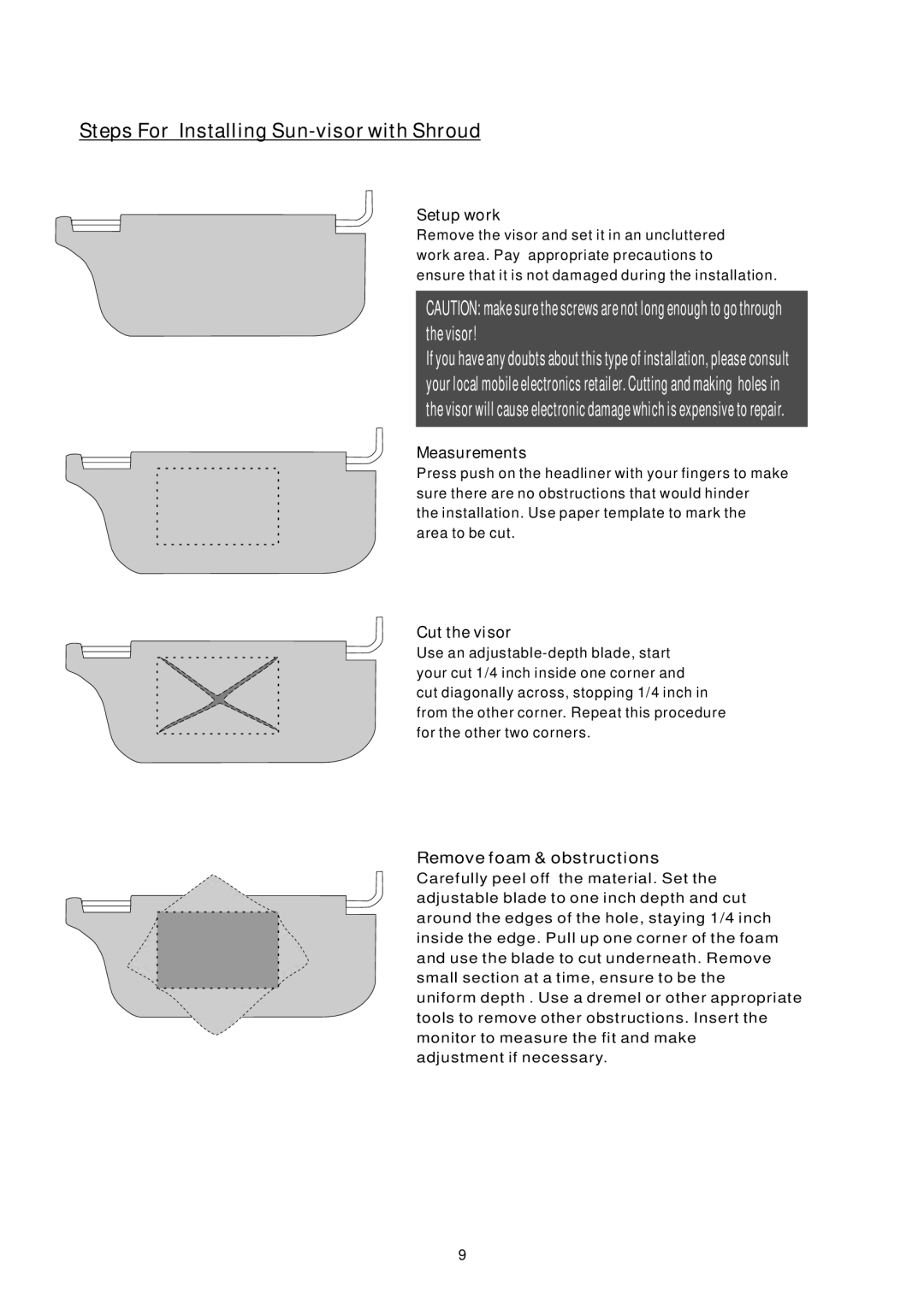 PYLE Audio PLVHR72 instruction manual Steps For Installing Sun-visor with Shroud, Cut the visor 