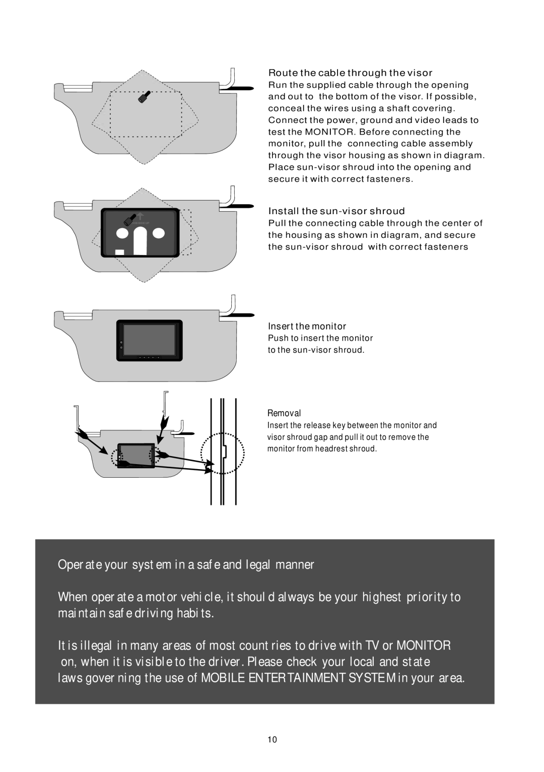 PYLE Audio PLVHR72 instruction manual Route the cable through the visor, Install the sun-visor shroud, Insert the monitor 