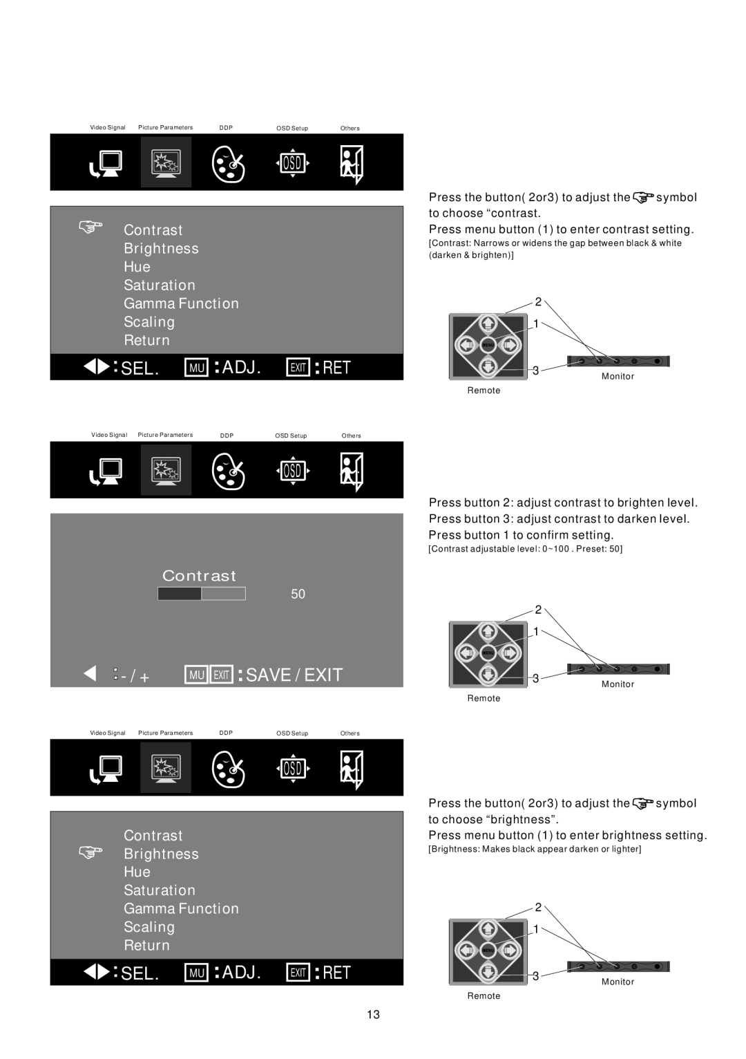 PYLE Audio PLVHR72 instruction manual Sel Adj, Ret, Exit Save / Exit 