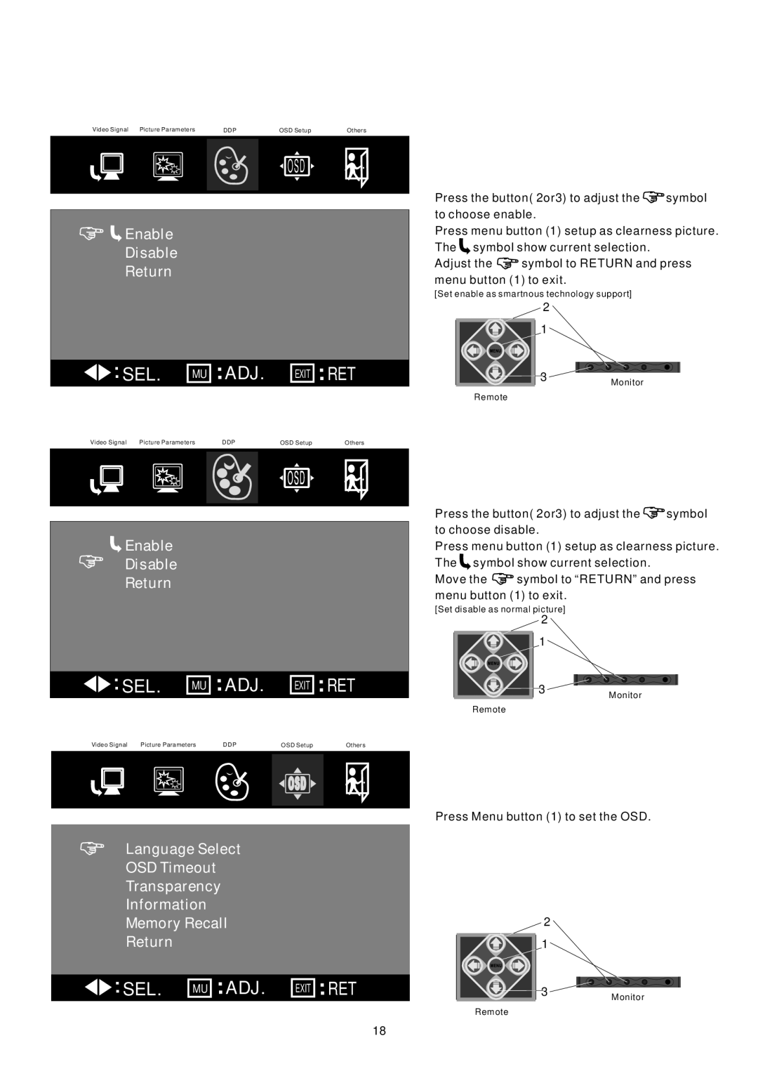 PYLE Audio PLVHR72 instruction manual Press Menu button 1 to set the OSD 