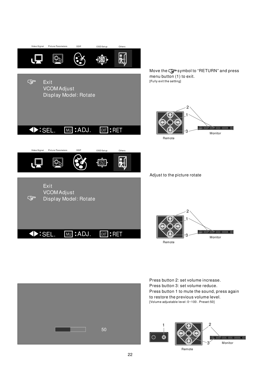 PYLE Audio PLVHR72 instruction manual Exit Vcom Adjust Display Model Rotate 