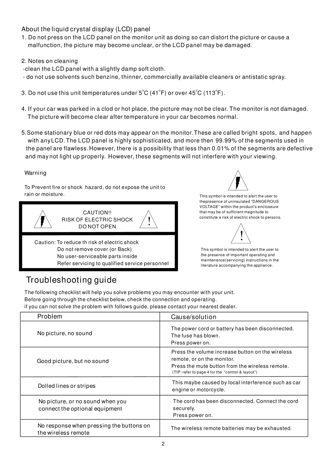 PYLE Audio PLVHR72 instruction manual No picture, no sound Good picture, but no sound, Dolled lines or stripes 