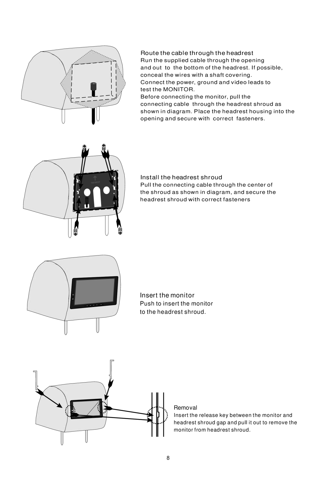 PYLE Audio PLVHR72 instruction manual Route the cable through the headrest, Install the headrest shroud, Removal 