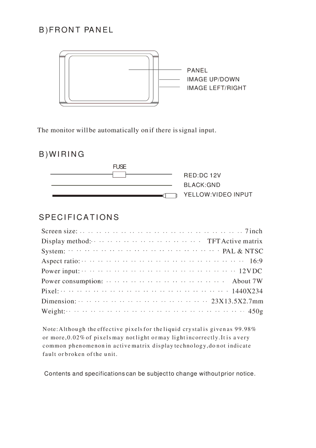 PYLE Audio PLVS720 instruction manual Bfront Panel, Bwiring, Specifications, PAL & Ntsc 