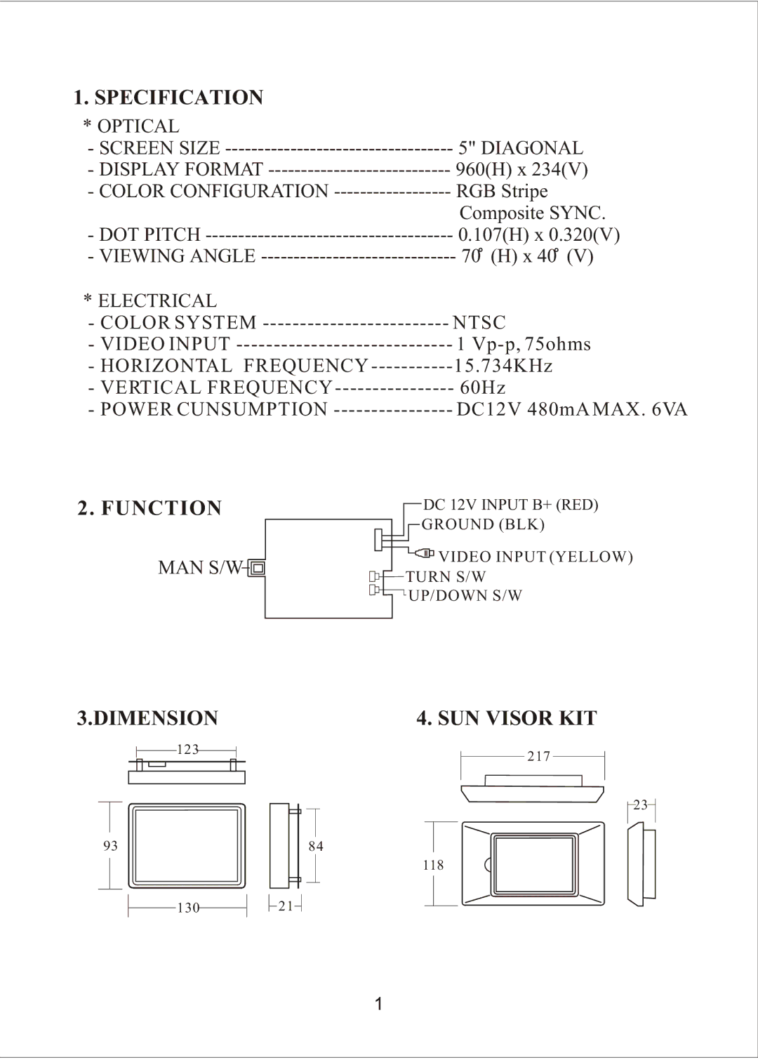 PYLE Audio PLVSMN5 manual Specification, Function, Dimension SUN Visor KIT 