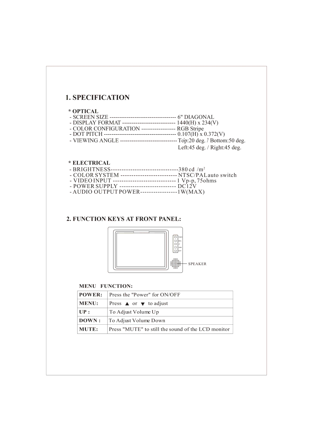 PYLE Audio PLVSMN6 manual Specification, Function Keys AT Front Panel, Optical, Electrical 