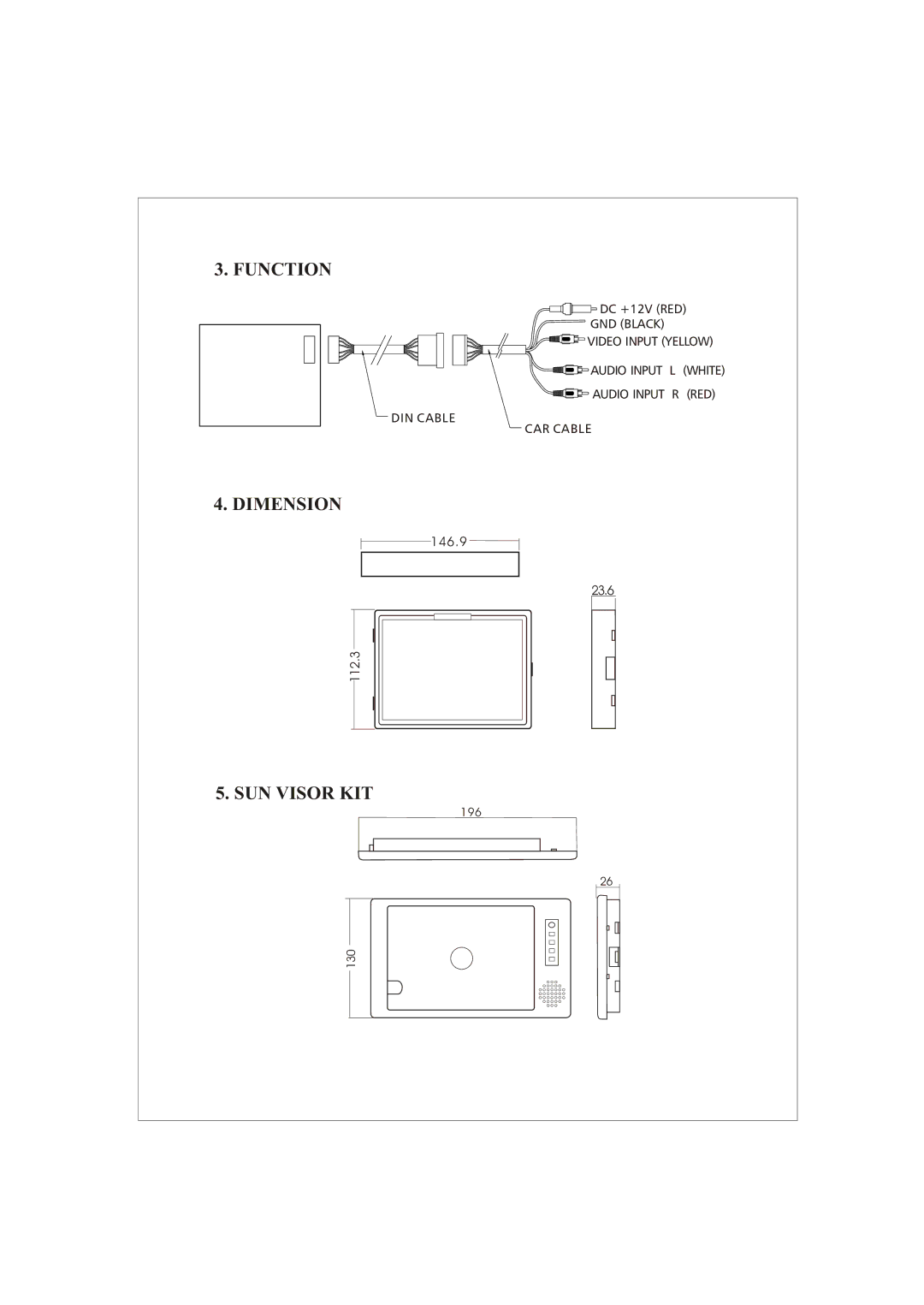 PYLE Audio PLVSMN6 manual Function, Dimension, SUN Visor KIT 