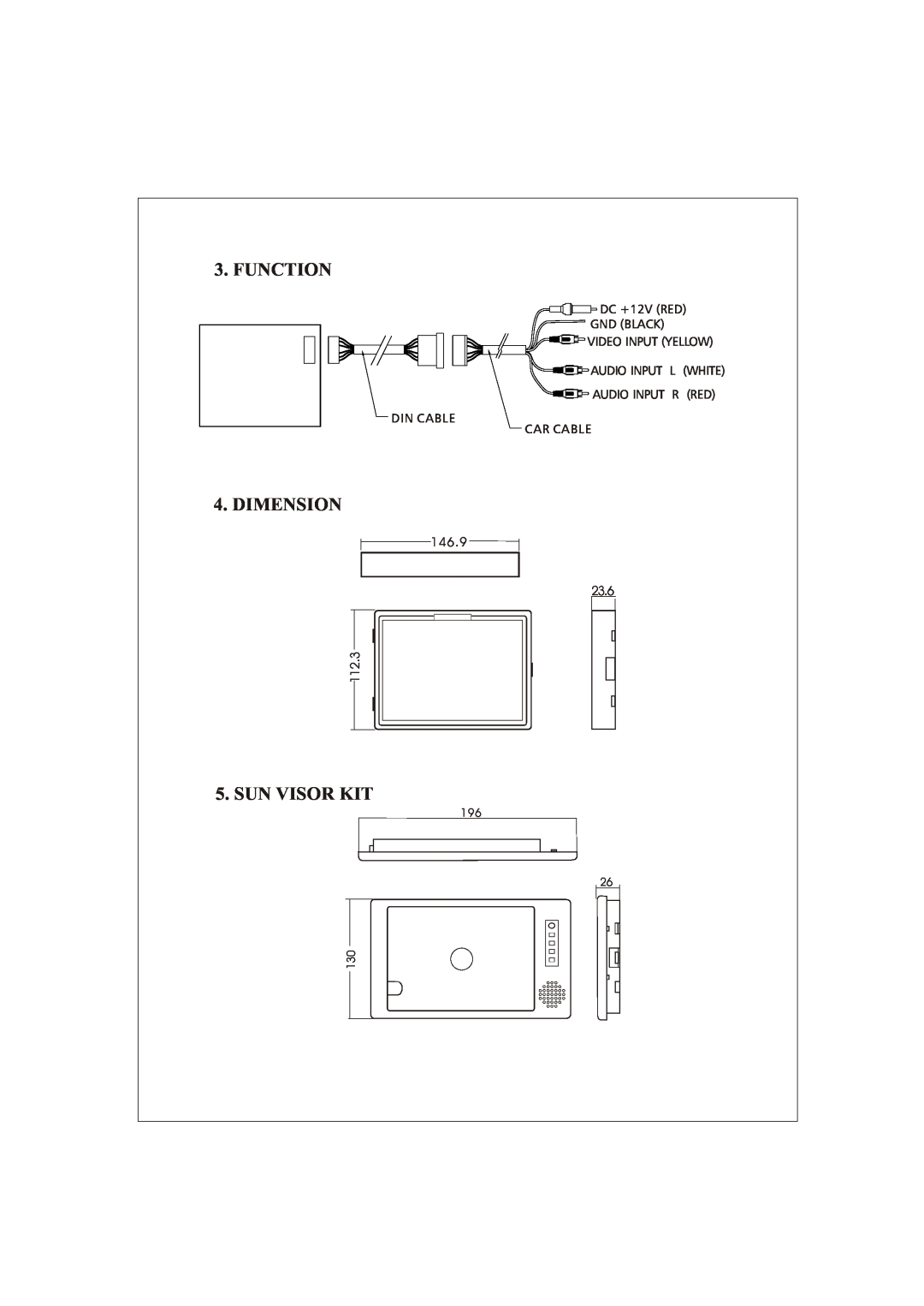 PYLE Audio PLVSMN6 manual Function, Dimension, Sun Visor Kit 