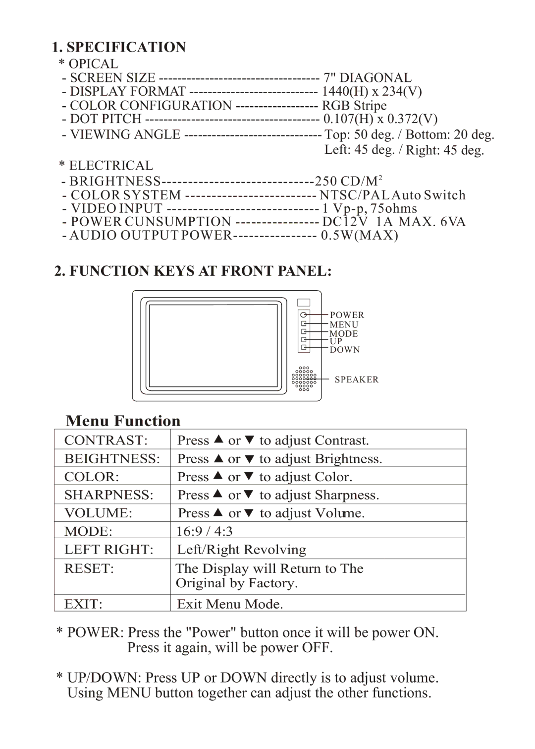 PYLE Audio PLVSMN7 manual Menu Function, Specification, Function Keys AT Front Panel 