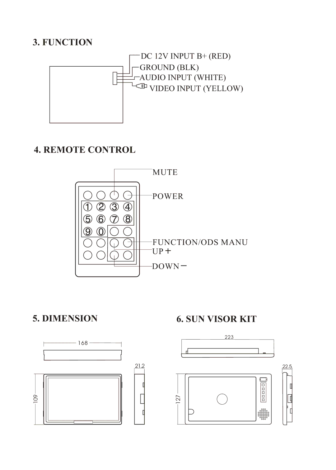 PYLE Audio PLVSMN7 manual Function, Remote Control, SUN Visor KIT 