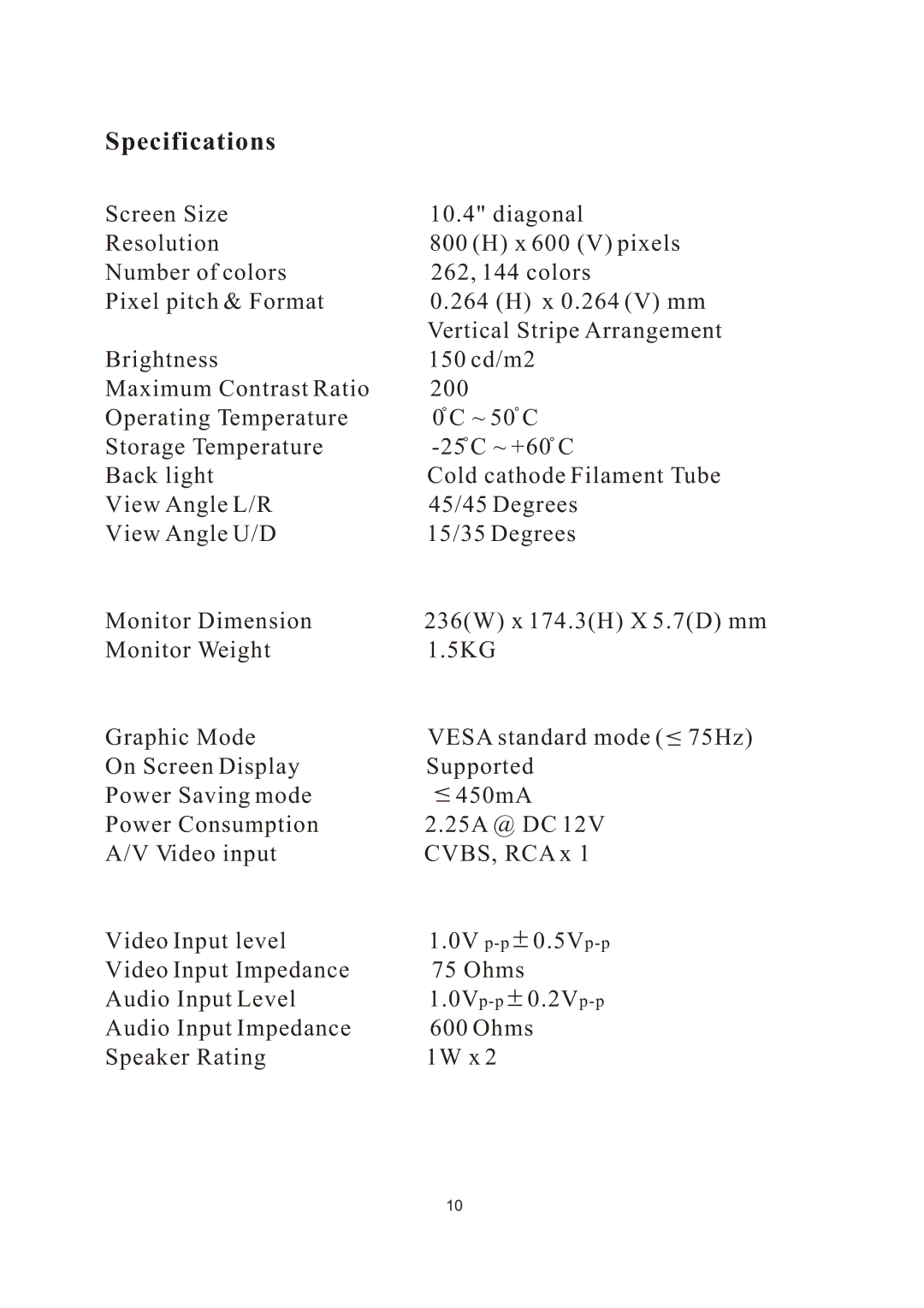 PYLE Audio PLVW1040R manual Specifications 