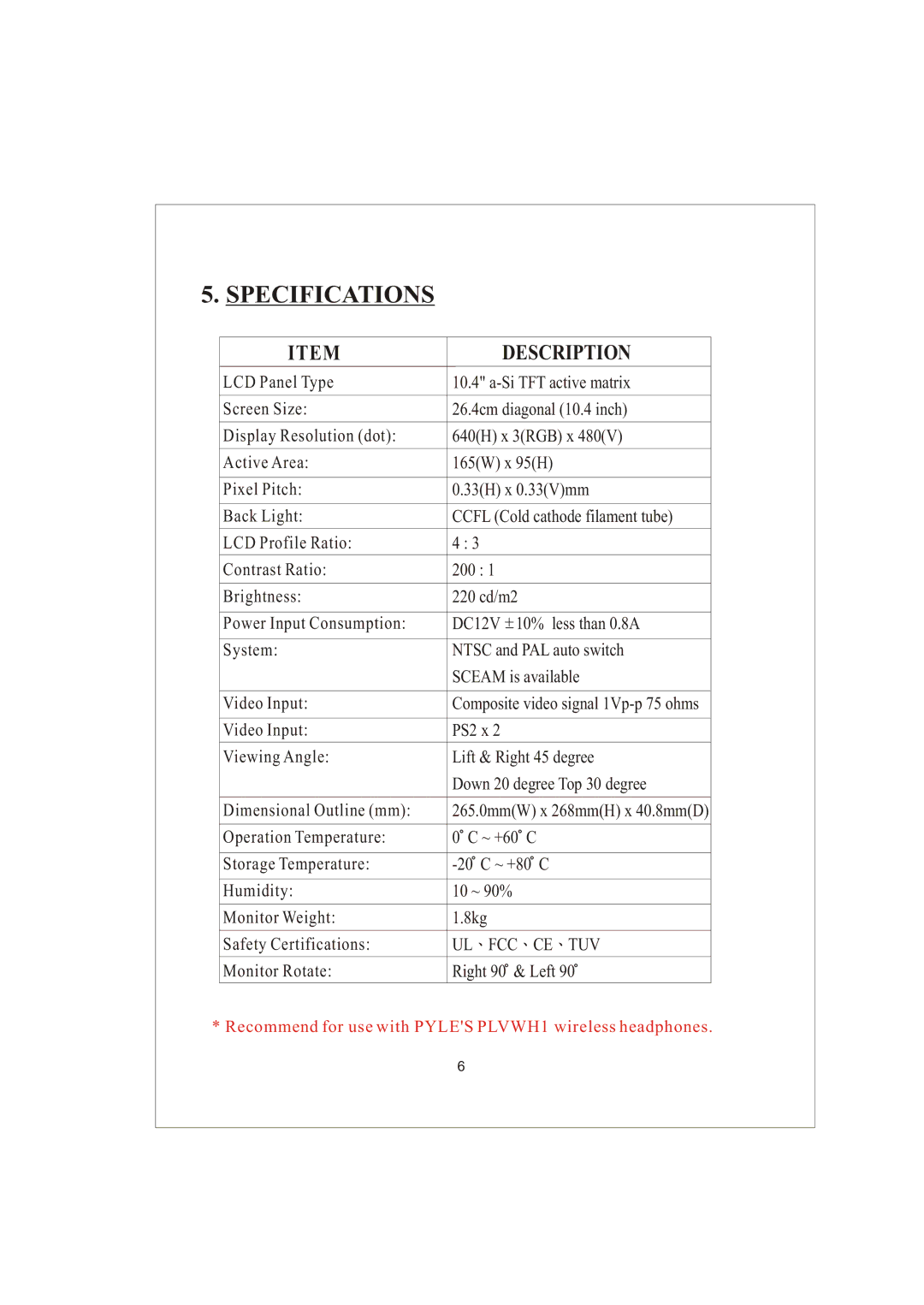 PYLE Audio PLVW1045R manual Specifications 