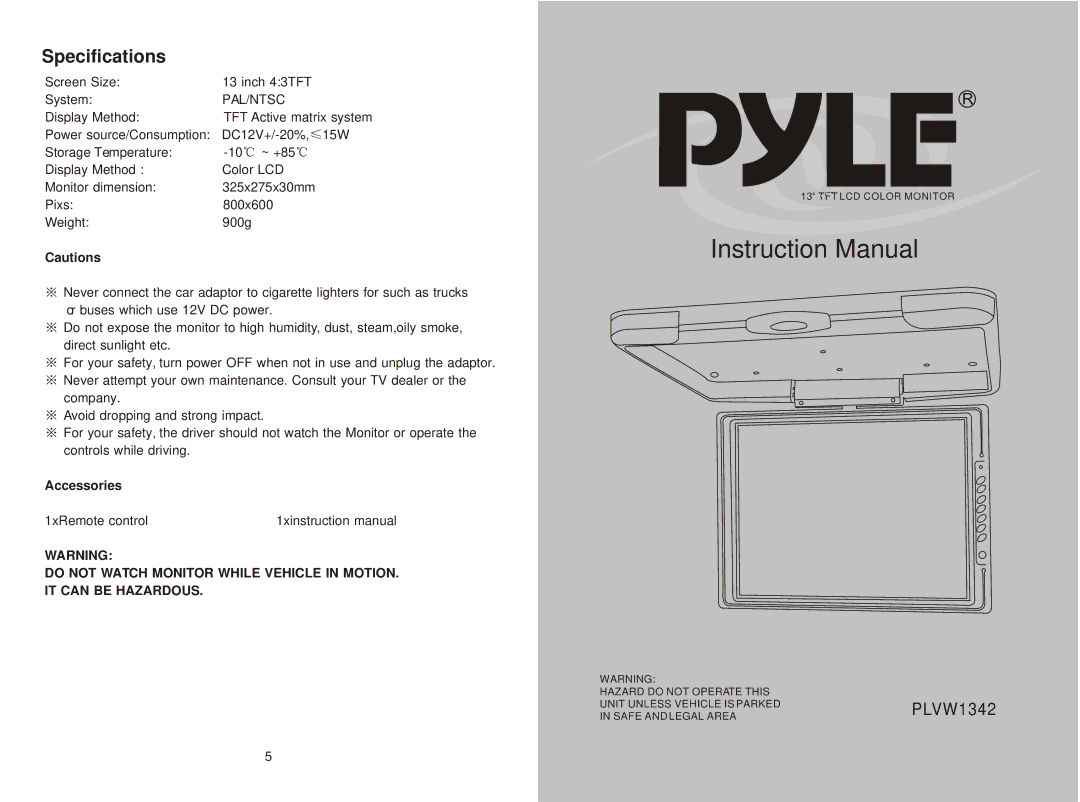 PYLE Audio PLVW1342 specifications Specifications, Pal/Ntsc 