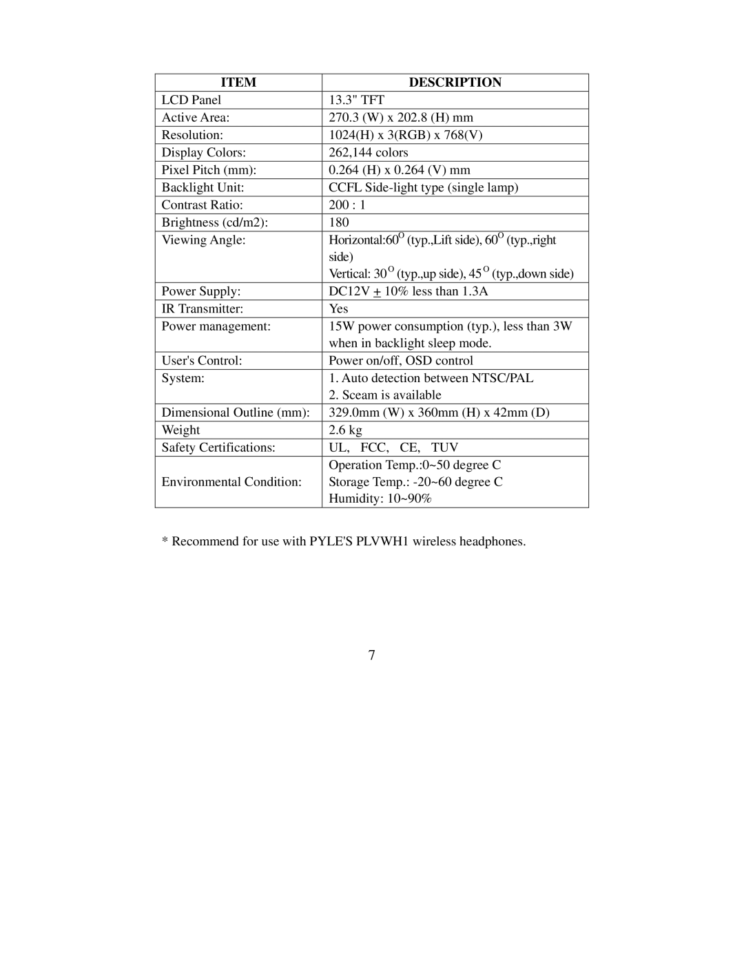 PYLE Audio PLVW1345R manual Description 