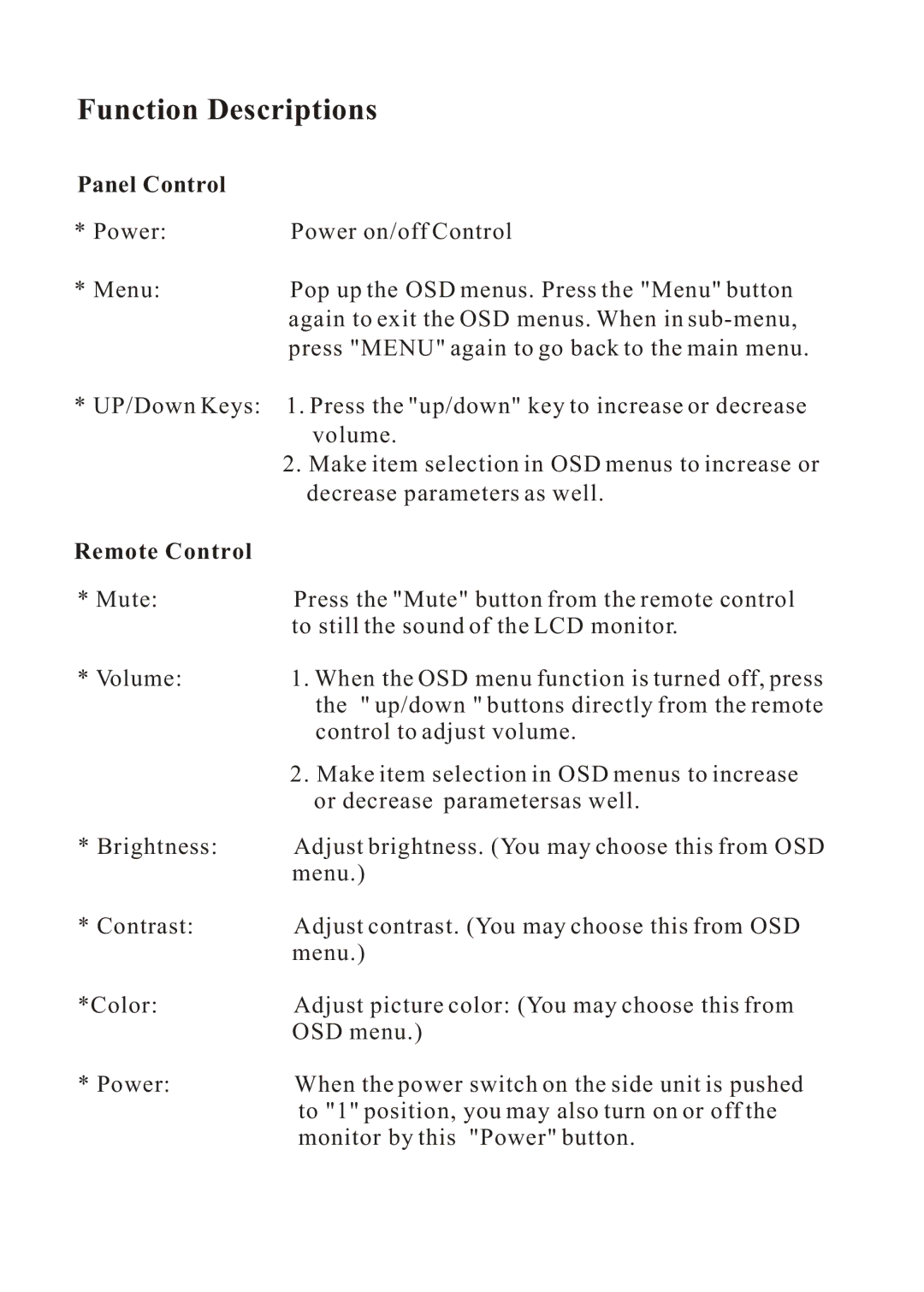 PYLE Audio PLVW1350IR manual Function Descriptions, Panel Control 