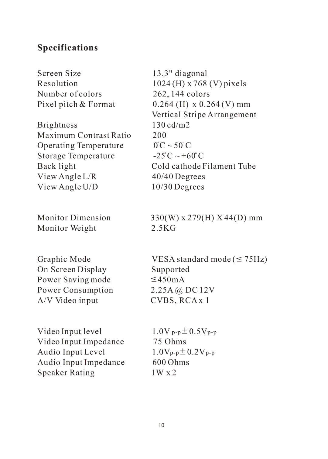 PYLE Audio PLVW1350IR manual Specifications 