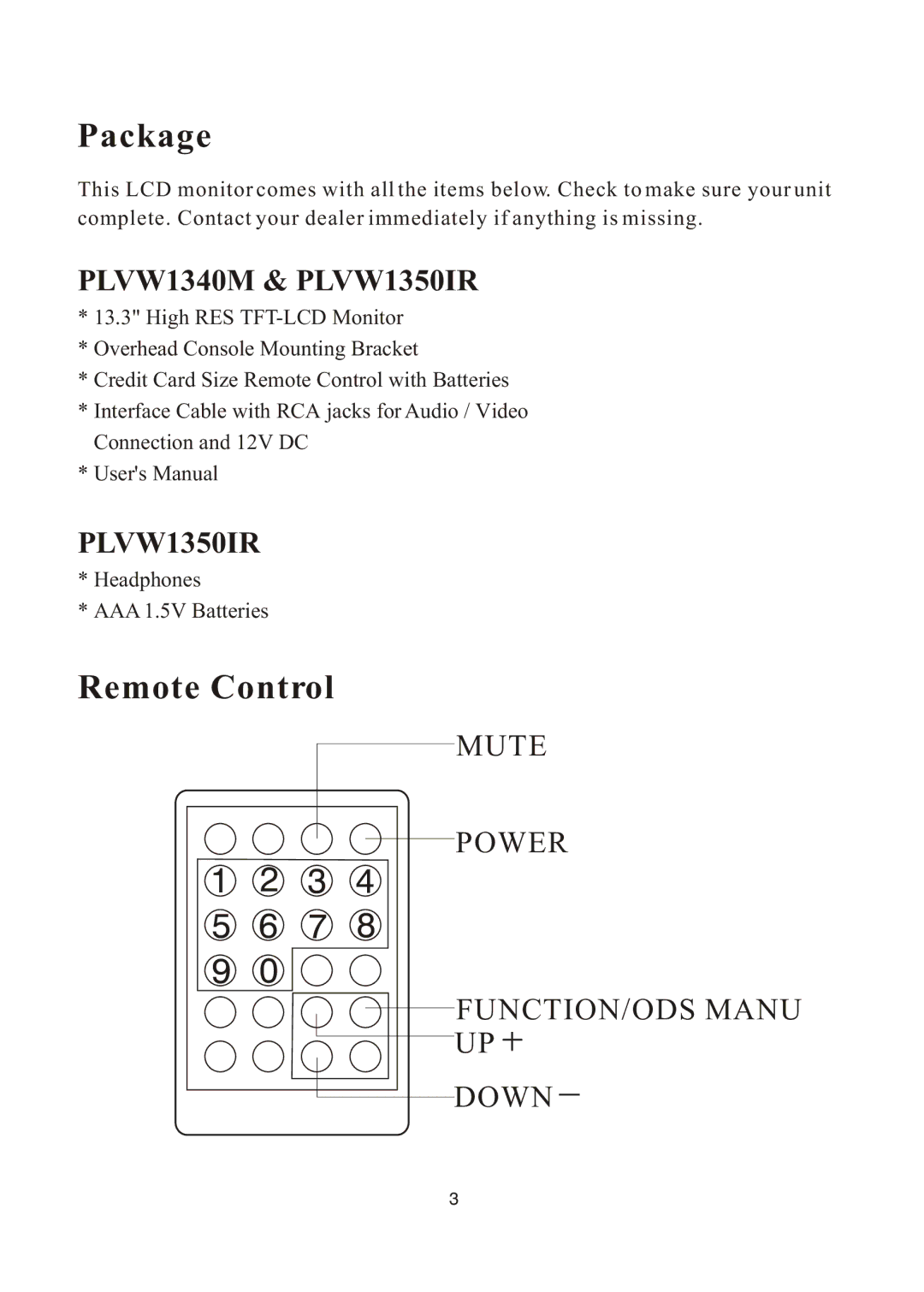 PYLE Audio manual Package, Remote Control, PLVW1340M & PLVW1350IR 