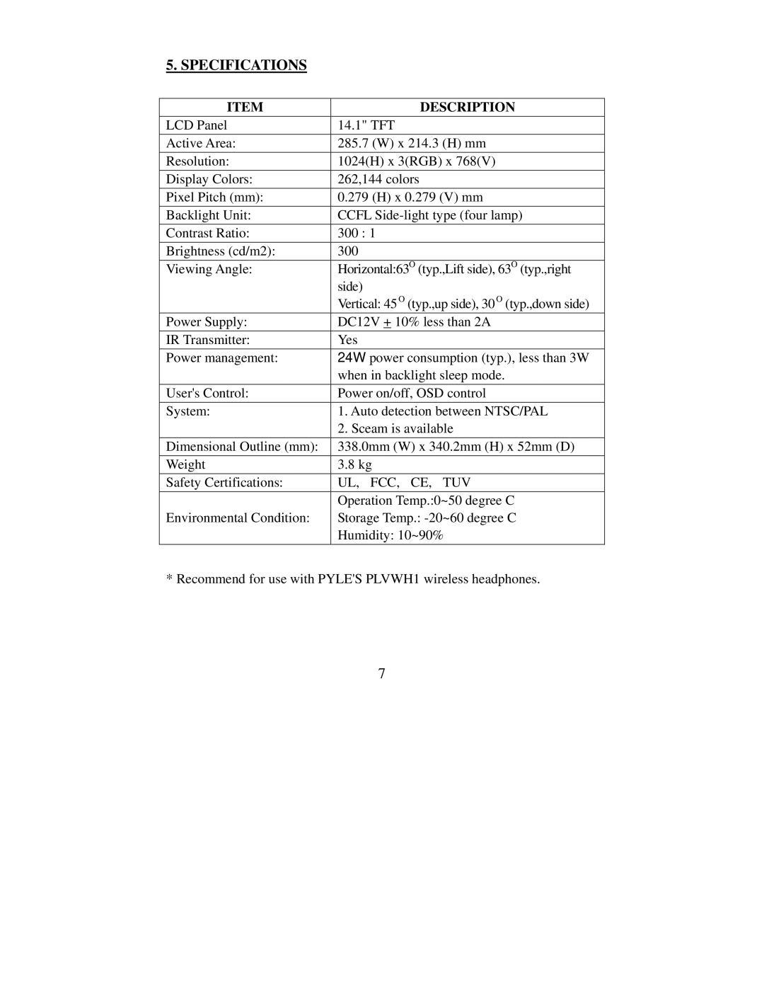 PYLE Audio PLVW1445R manual Description 